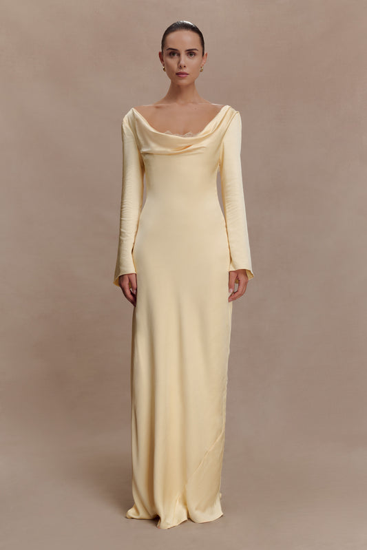 Eliza Long Sleeve Cowl Lace And Satin Maxi Dress - Lemon