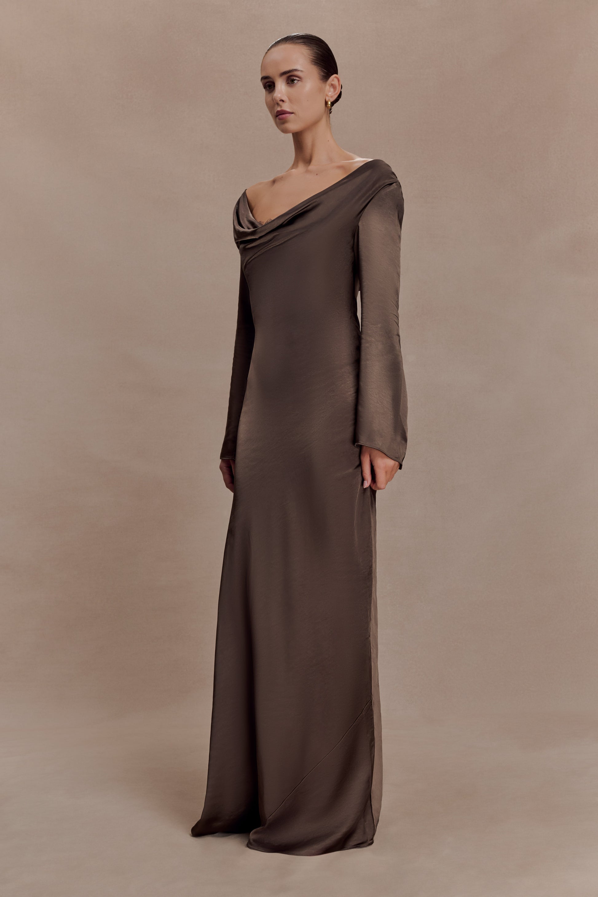 pierre long sleeve lace maxi dress mocha Eliza Long Sleeve Cowl Lace And Satin Maxi Dress - Mocha