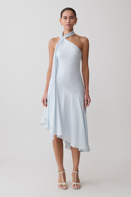 Evelina Halter Asymmetric Hem Midi Dress - Ice Blue