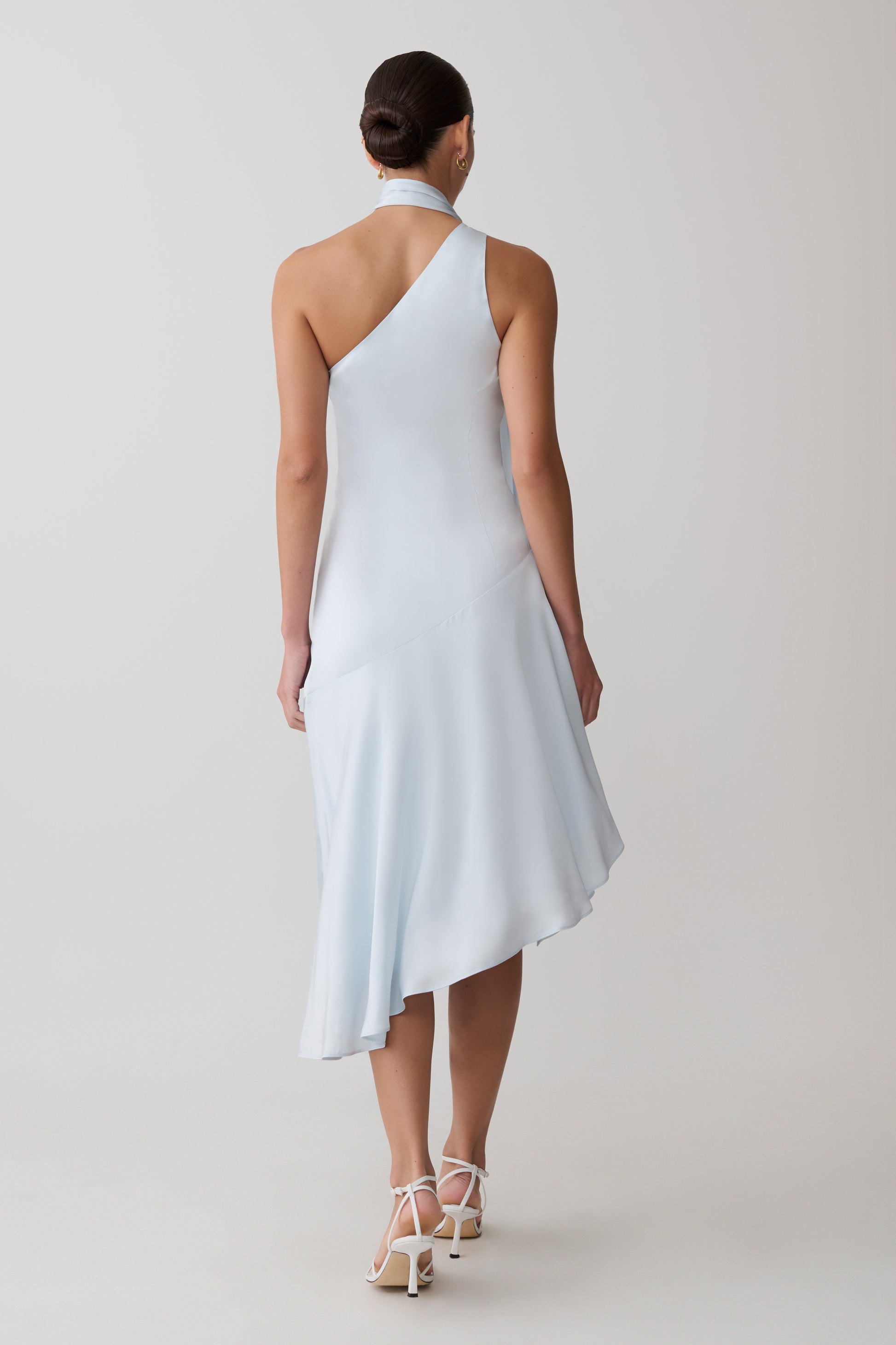 Evelina Halter Asymmetric Hem Midi Dress - Ice Blue | MESHKI Evelina Halter Asymmetric Hem Midi Dress - Ice Blue | MESHKI