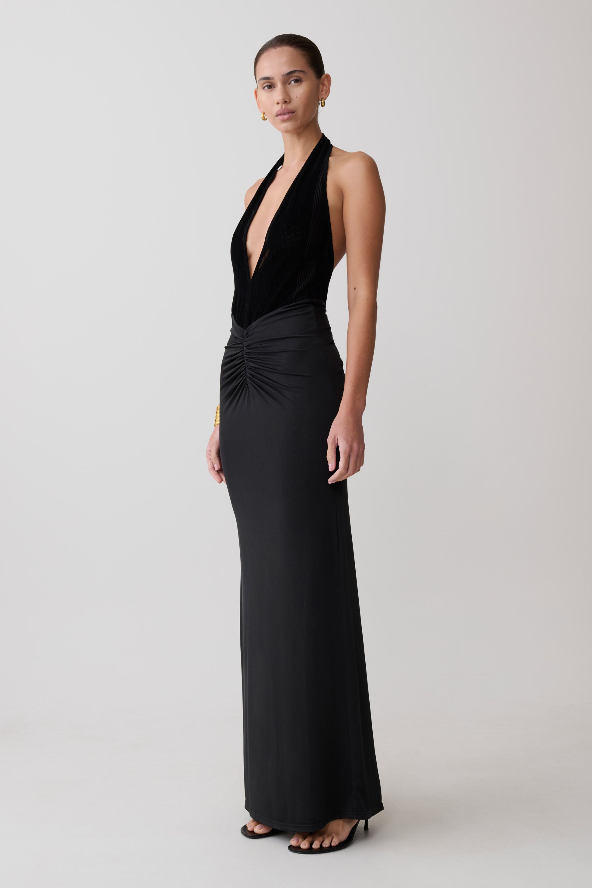 Lien Mesh Velvet Plunge Midi Dress - Black #3