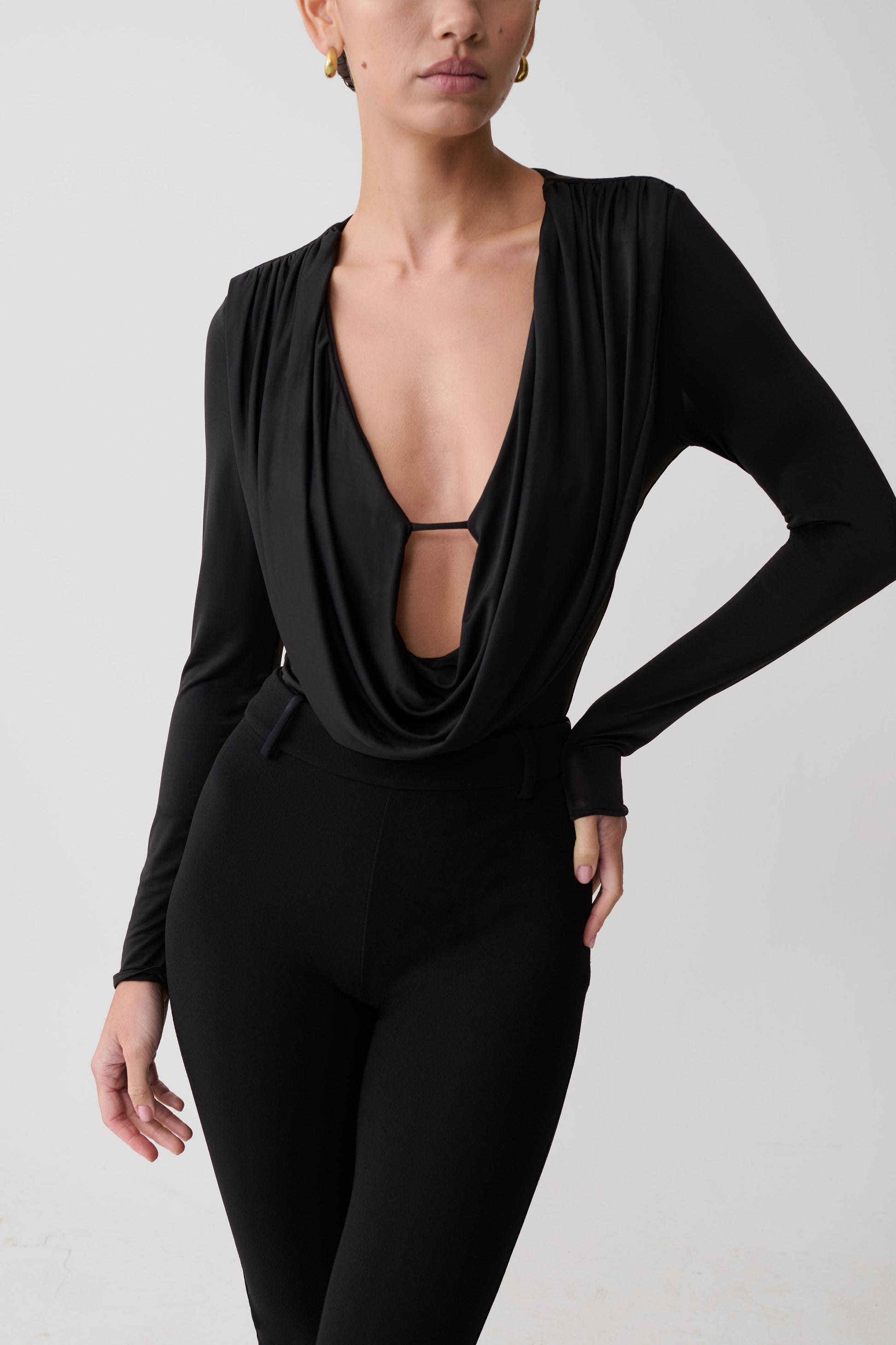 Ren Cowl Long Sleeve Slinky Bodysuit - Black #7