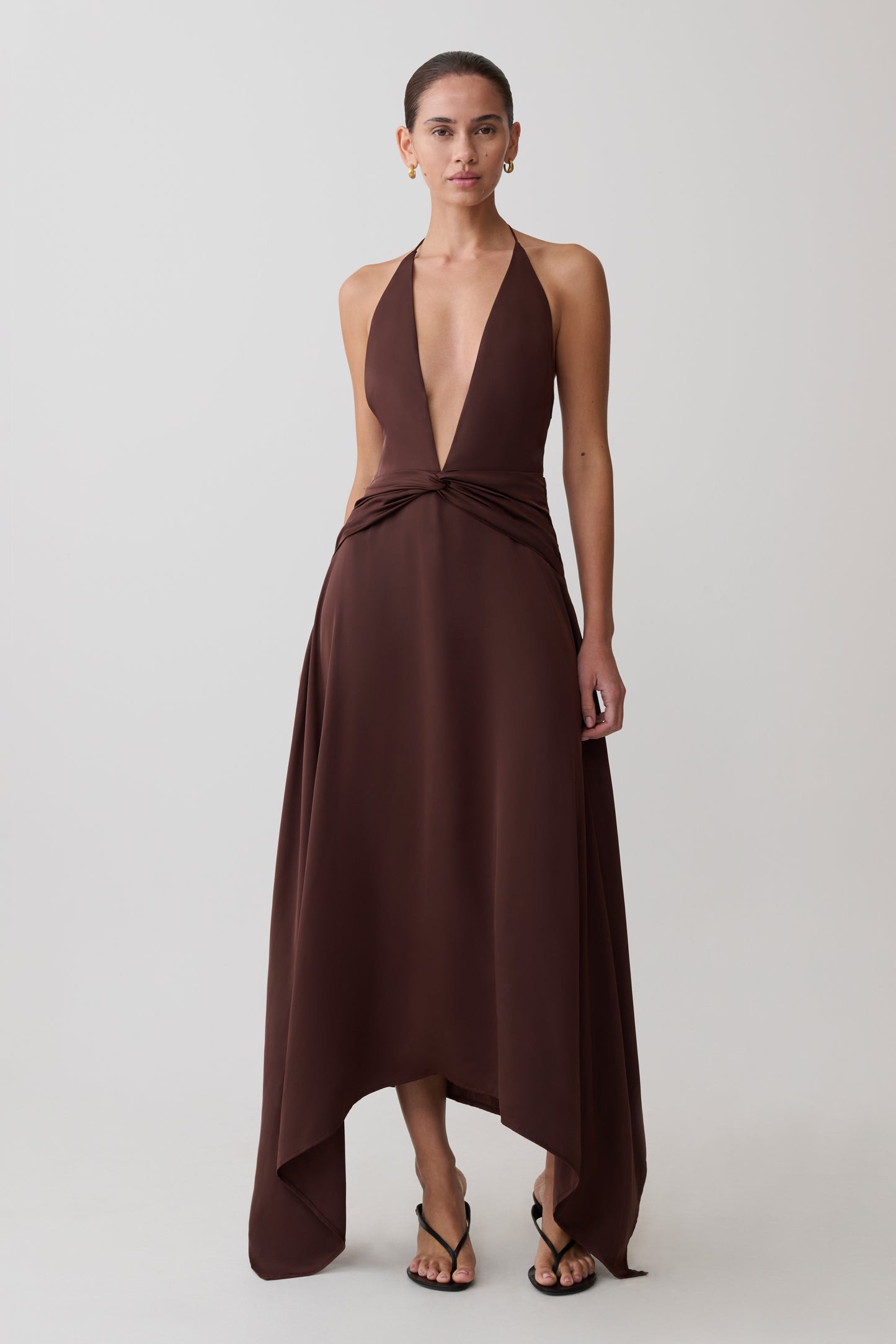Cyra Plunge Satin Midi Dress - Dark Chocolate