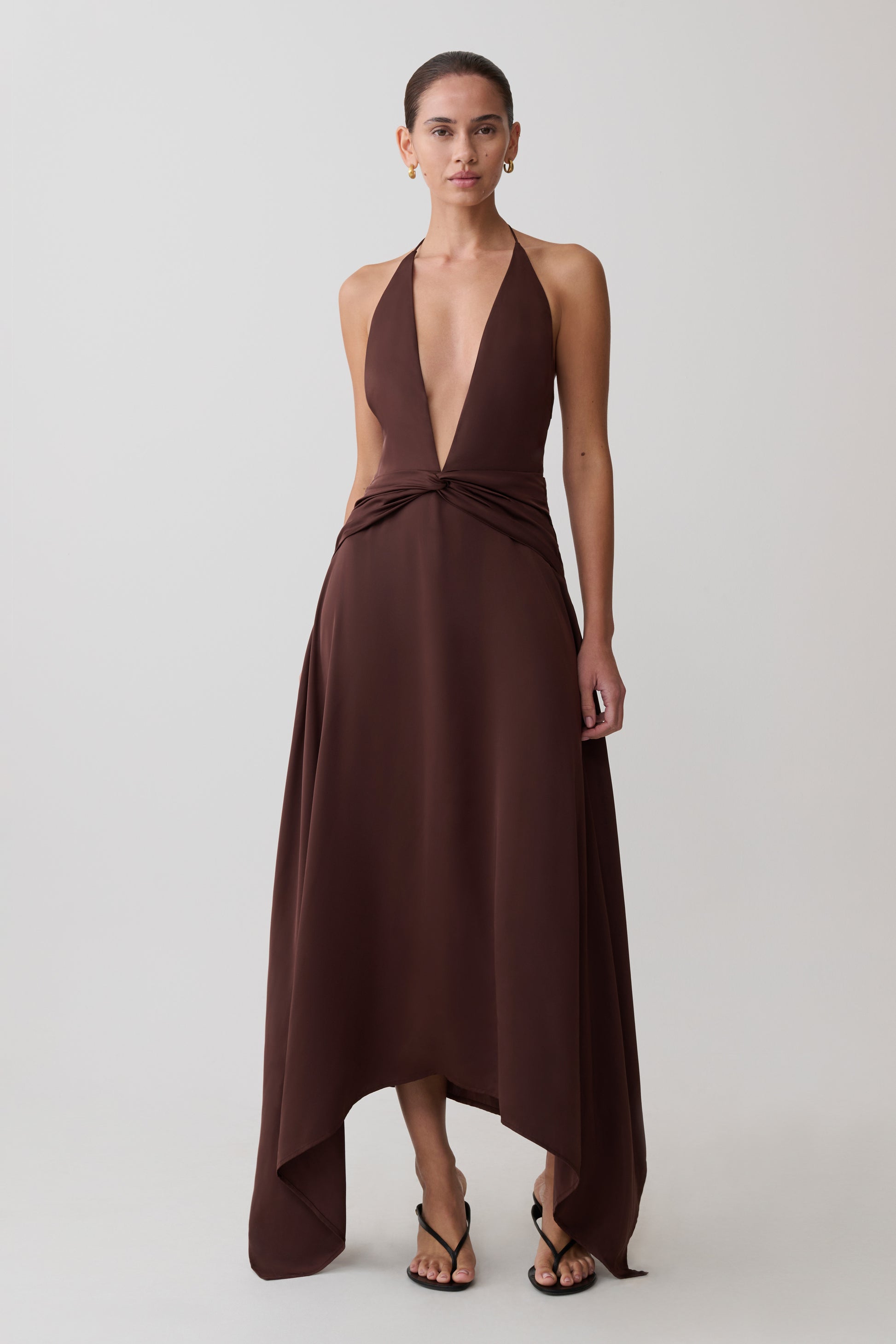 Cyra Plunge Satin Midi Dress - Dark Chocolate #5