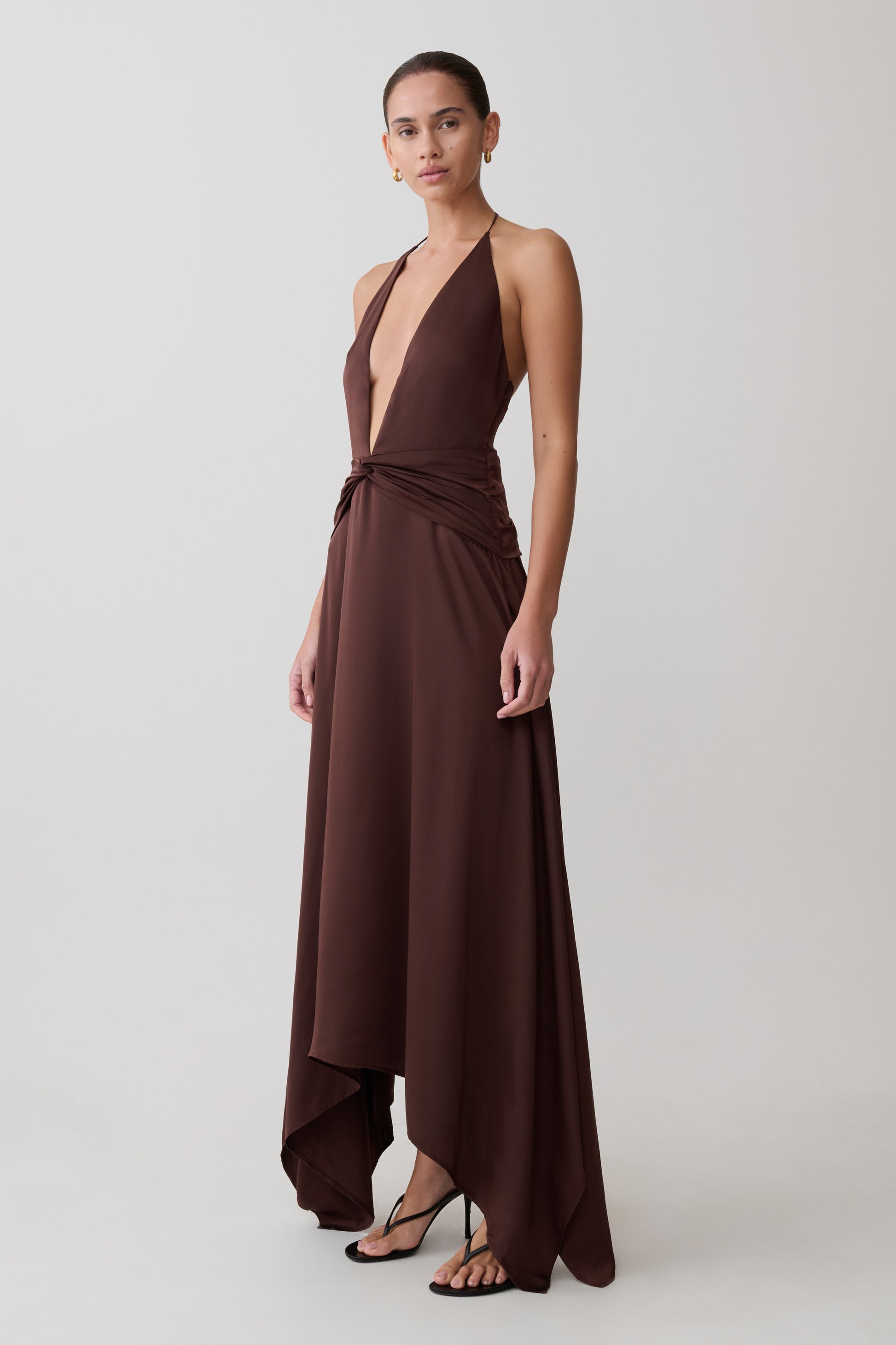 Cyra Plunge Satin Midi Dress - Dark Chocolate #3