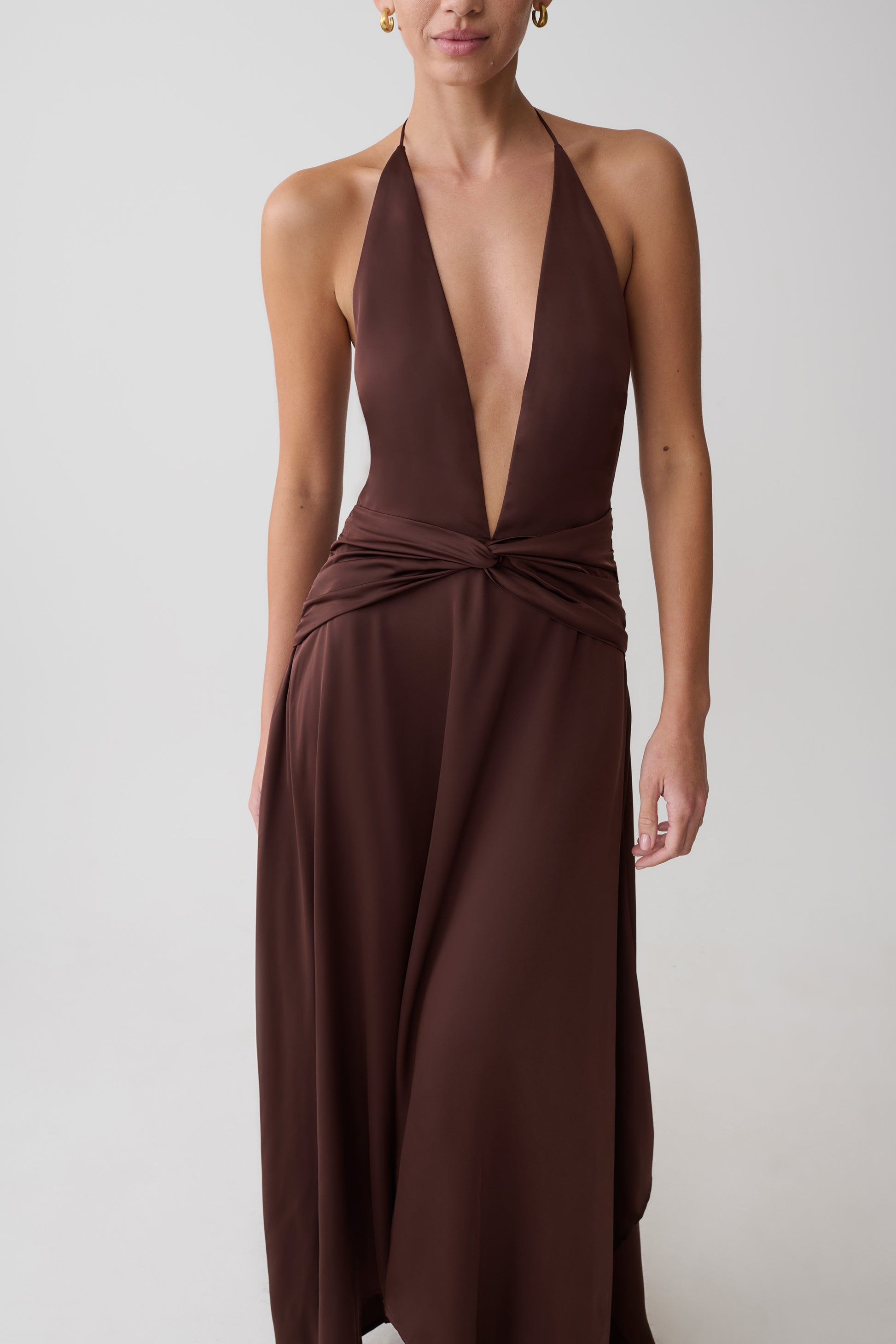 Cyra Plunge Satin Midi Dress - Dark Chocolate #4