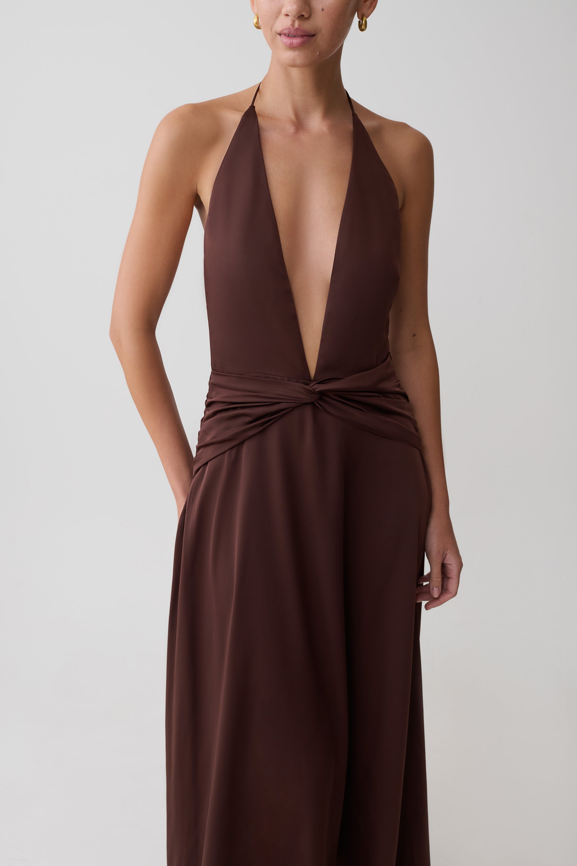 Cyra Plunge Satin Midi Dress - Dark Chocolate #6