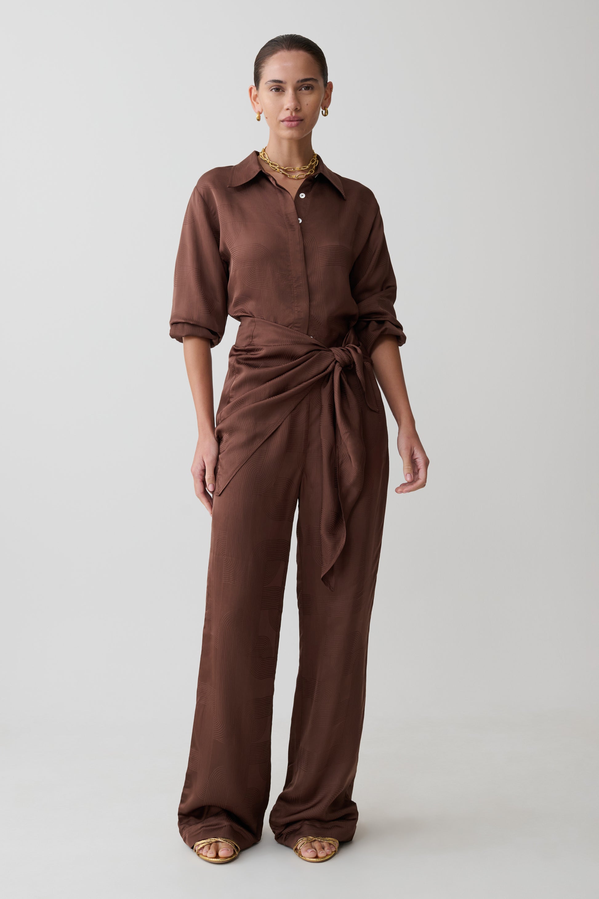 Gia Wrapped Tie Satin Pants - Chocolate #5