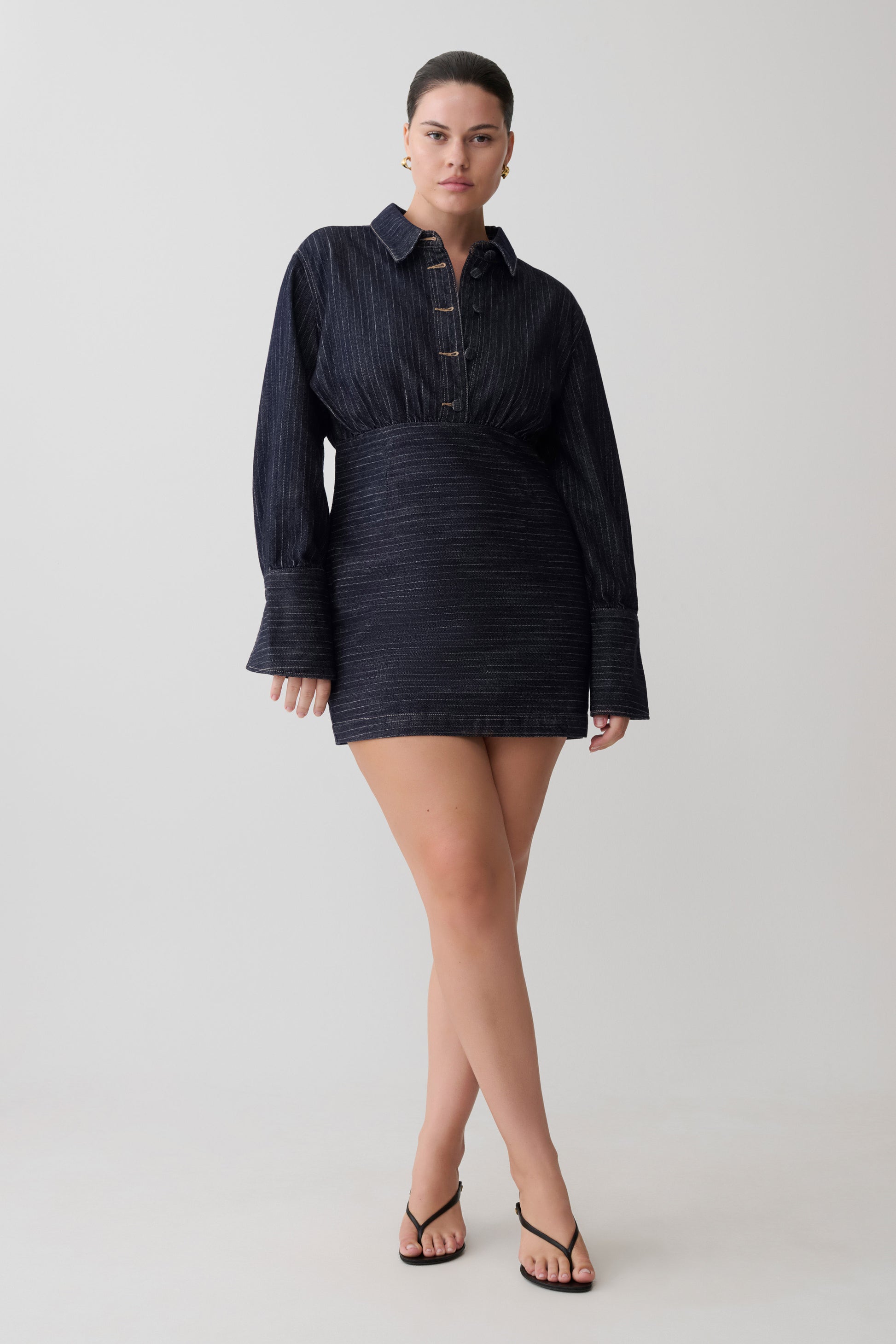 Zarah Denim Long Sleeve Mini Dress - Indigo Pinstripe #3
