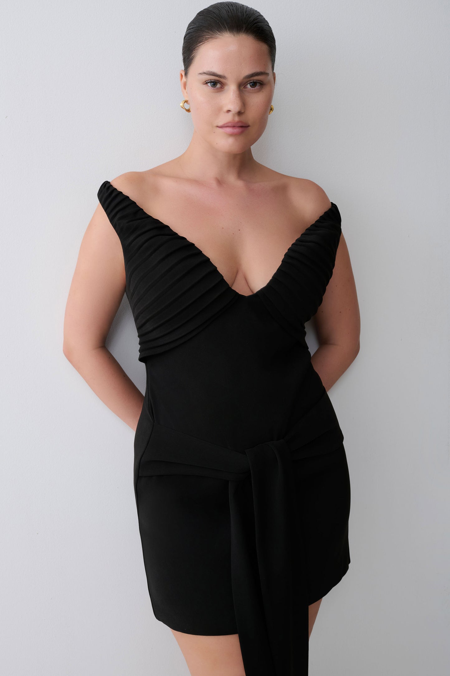 Runa Off Shoulder Mini Dress With Waist Tie - Black