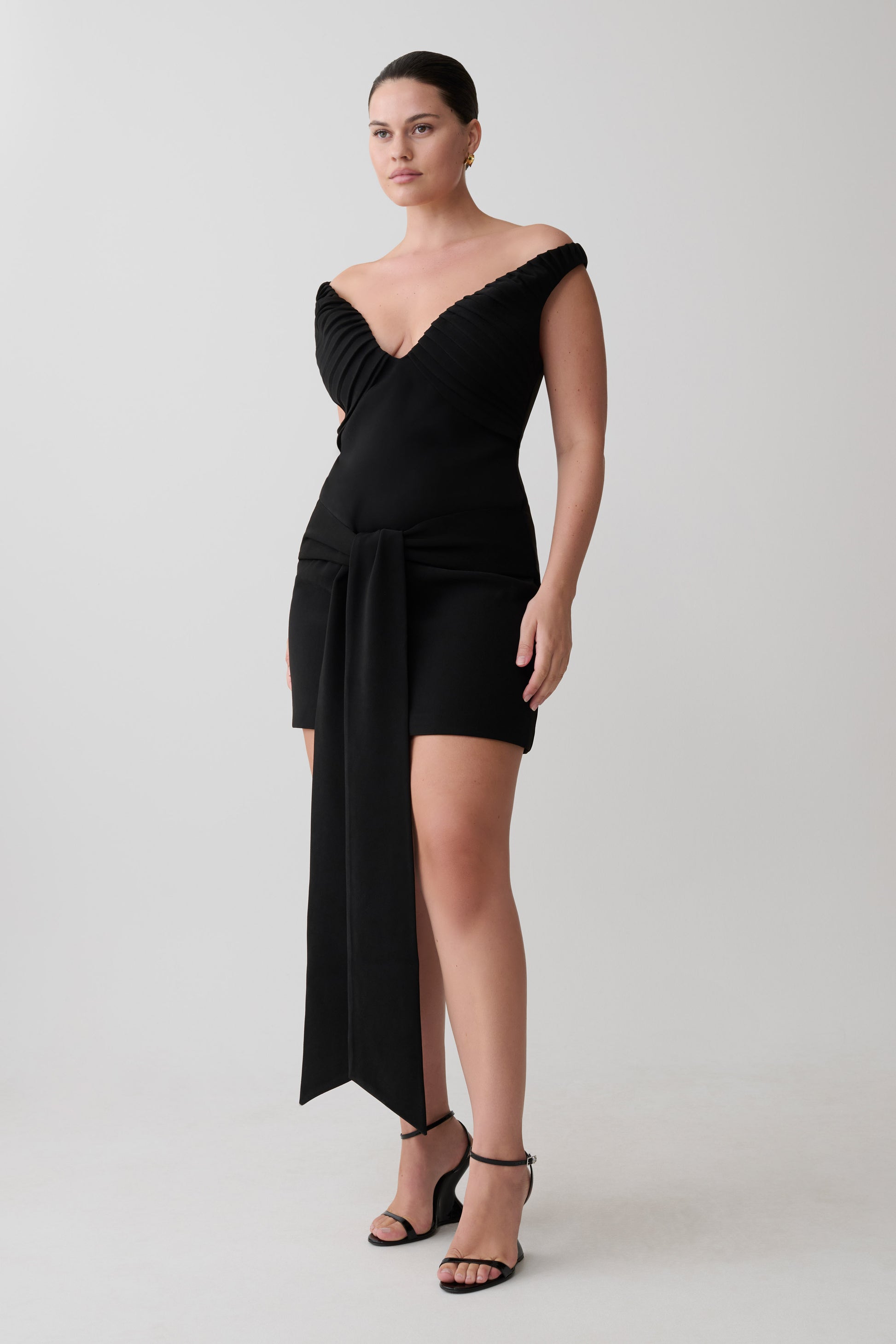 Runa Off Shoulder Mini Dress With Waist Tie - Black #3