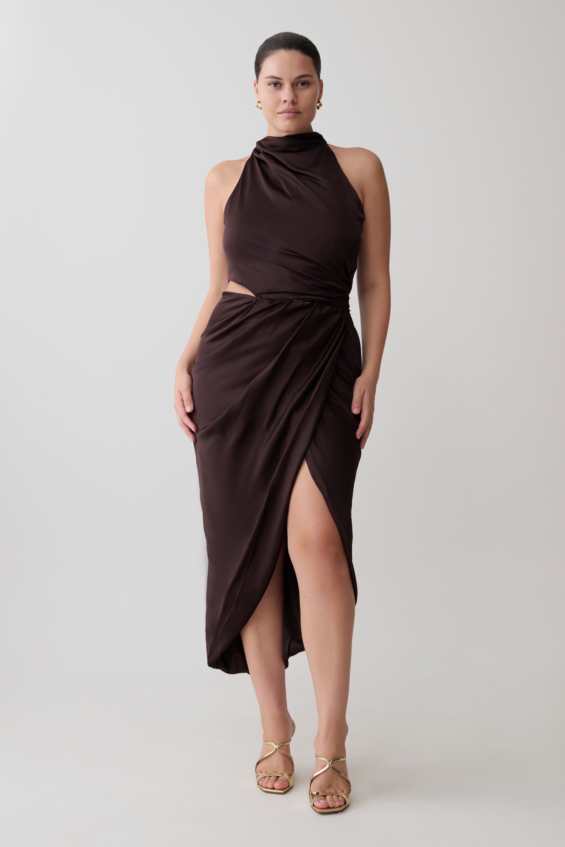 Aveline Draped Halter Midi Dress - Dark Chocolate