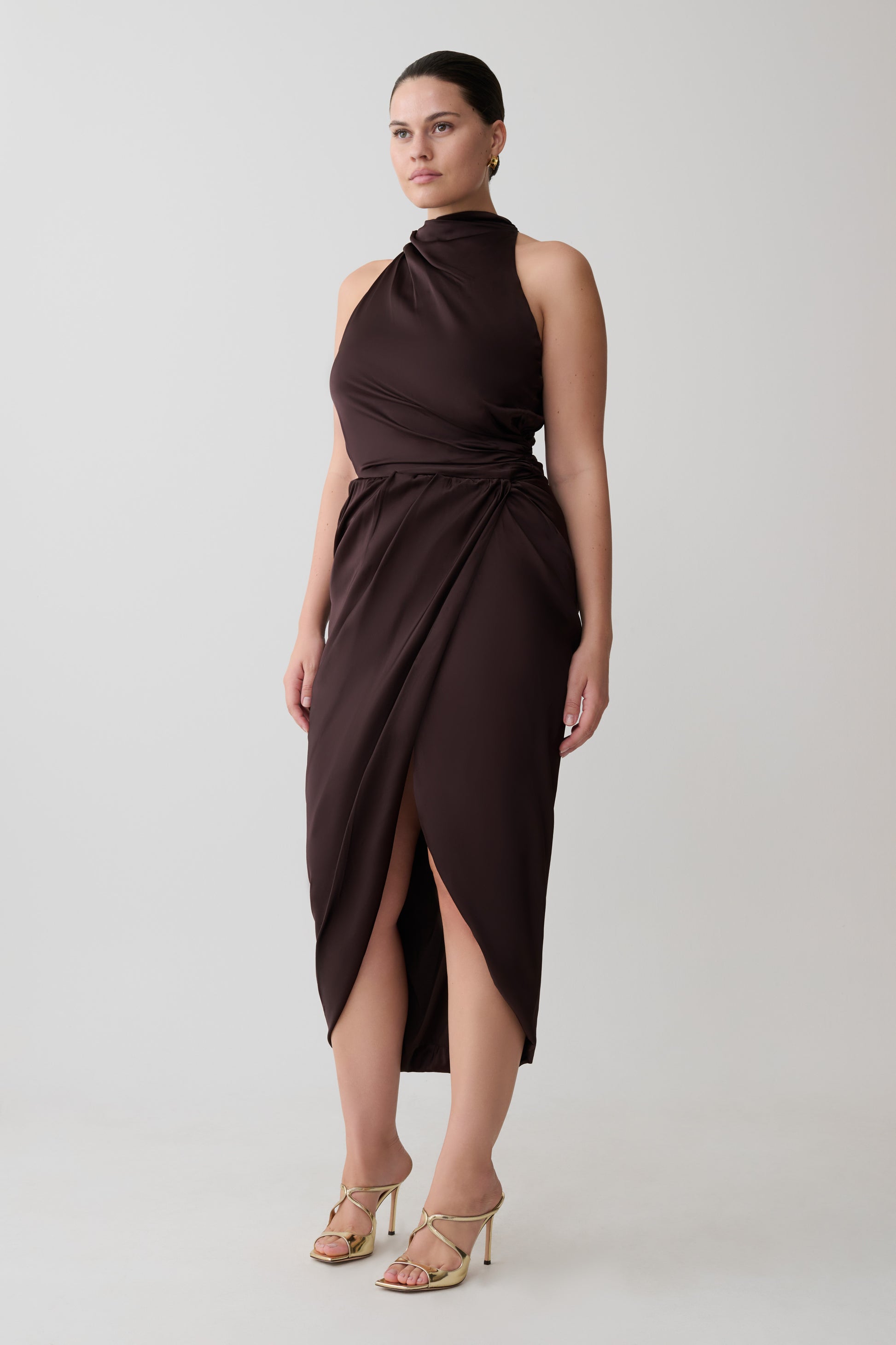 Aveline Draped Halter Midi Dress - Dark Chocolate #3