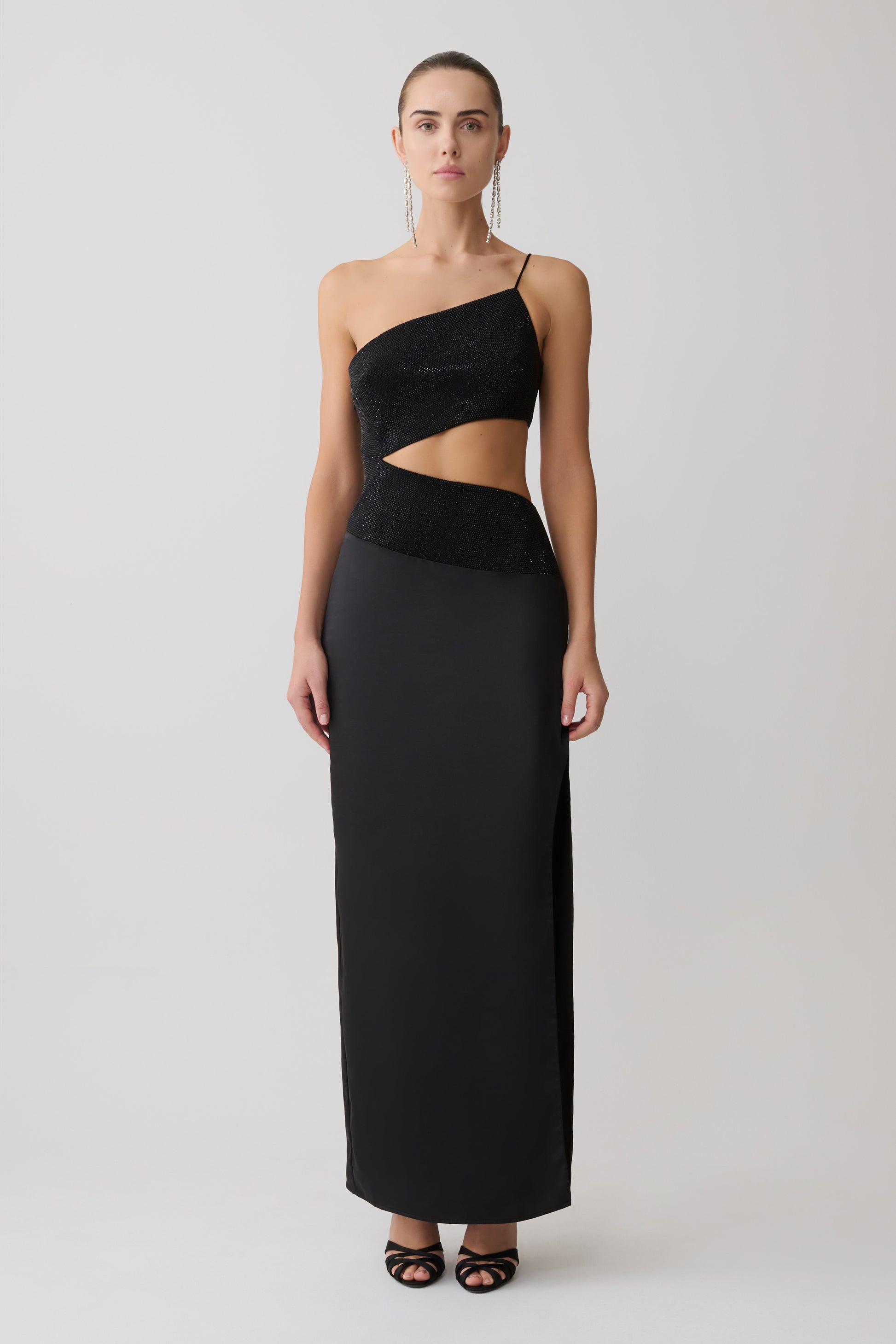 Athena One Shoulder Diamante Maxi Dress - Black #6