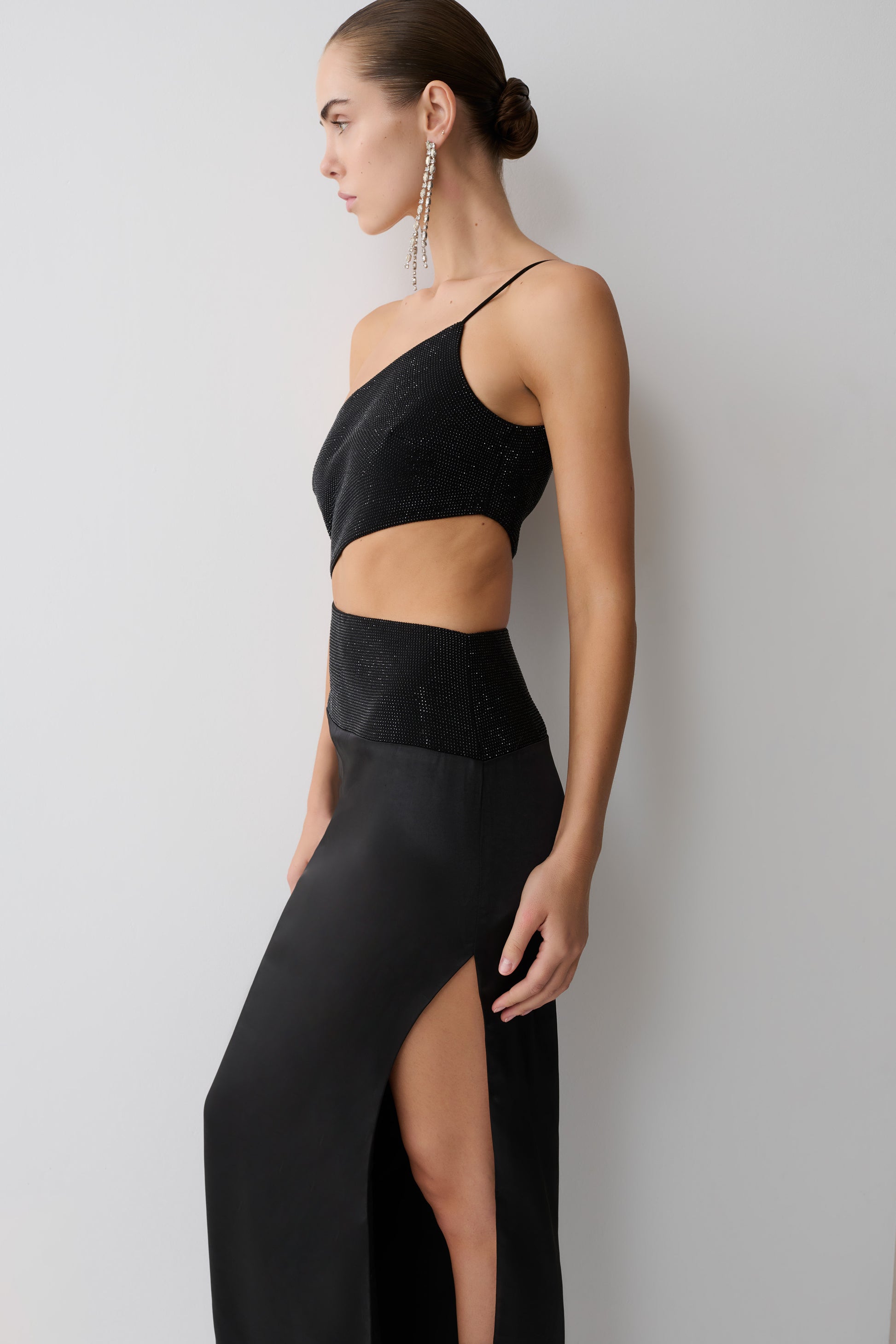 Athena One Shoulder Diamante Maxi Dress - Black #8
