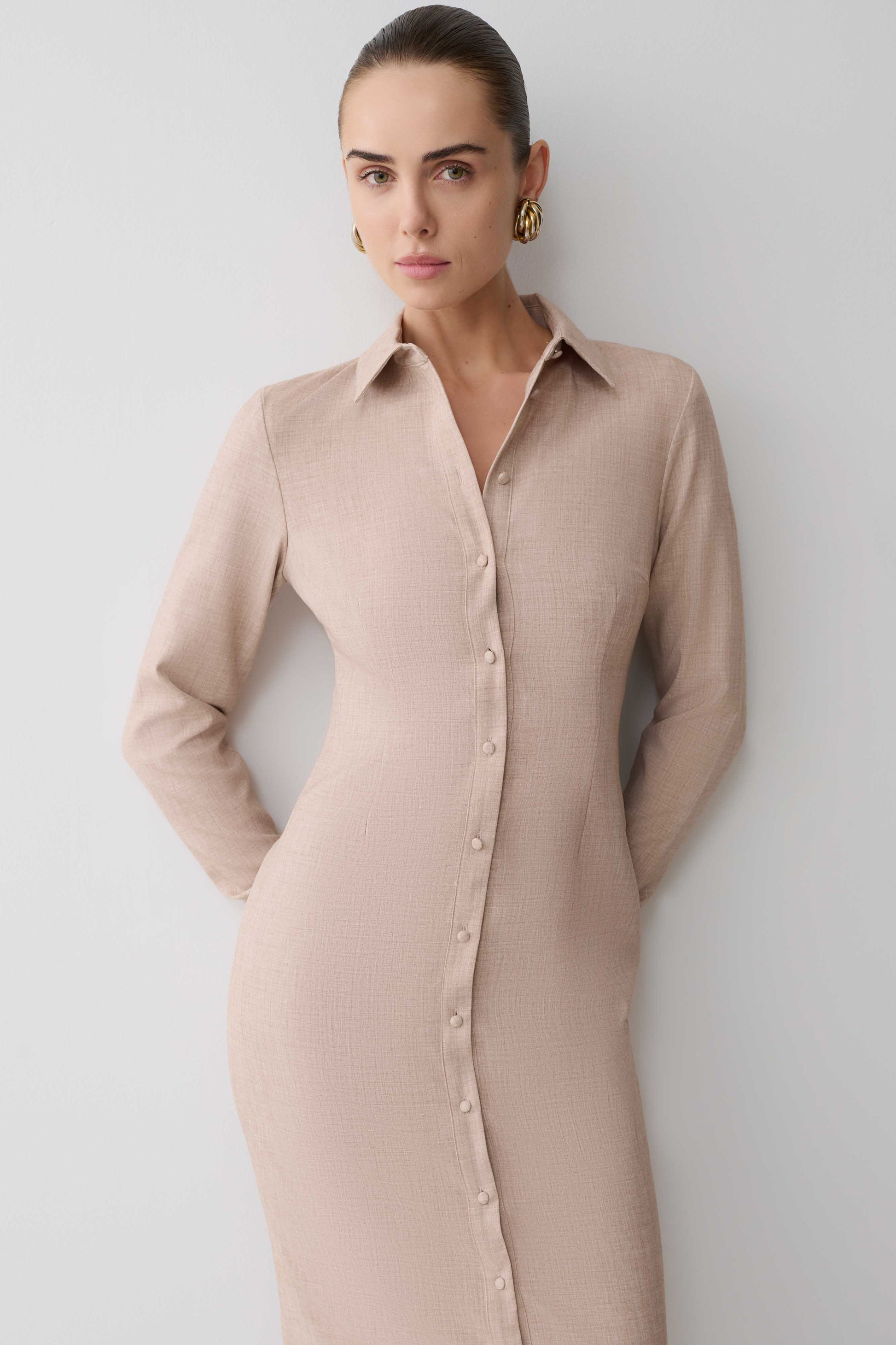 Dorian Fitted Shirt Midi Dress - Wheat Marle | MESHKI Dorian Fitted Shirt Midi Dress - Wheat Marle | MESHKI