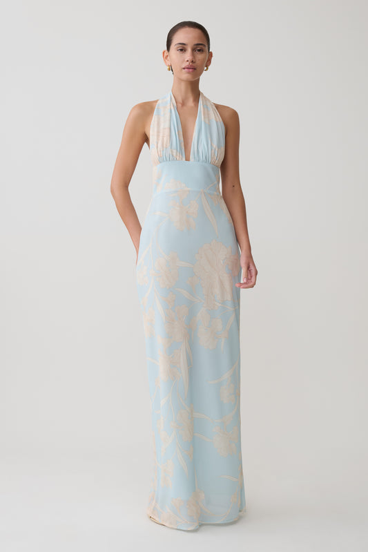 Nadine Halter Scarf Chiffon Maxi Dress - Blue Floral Print