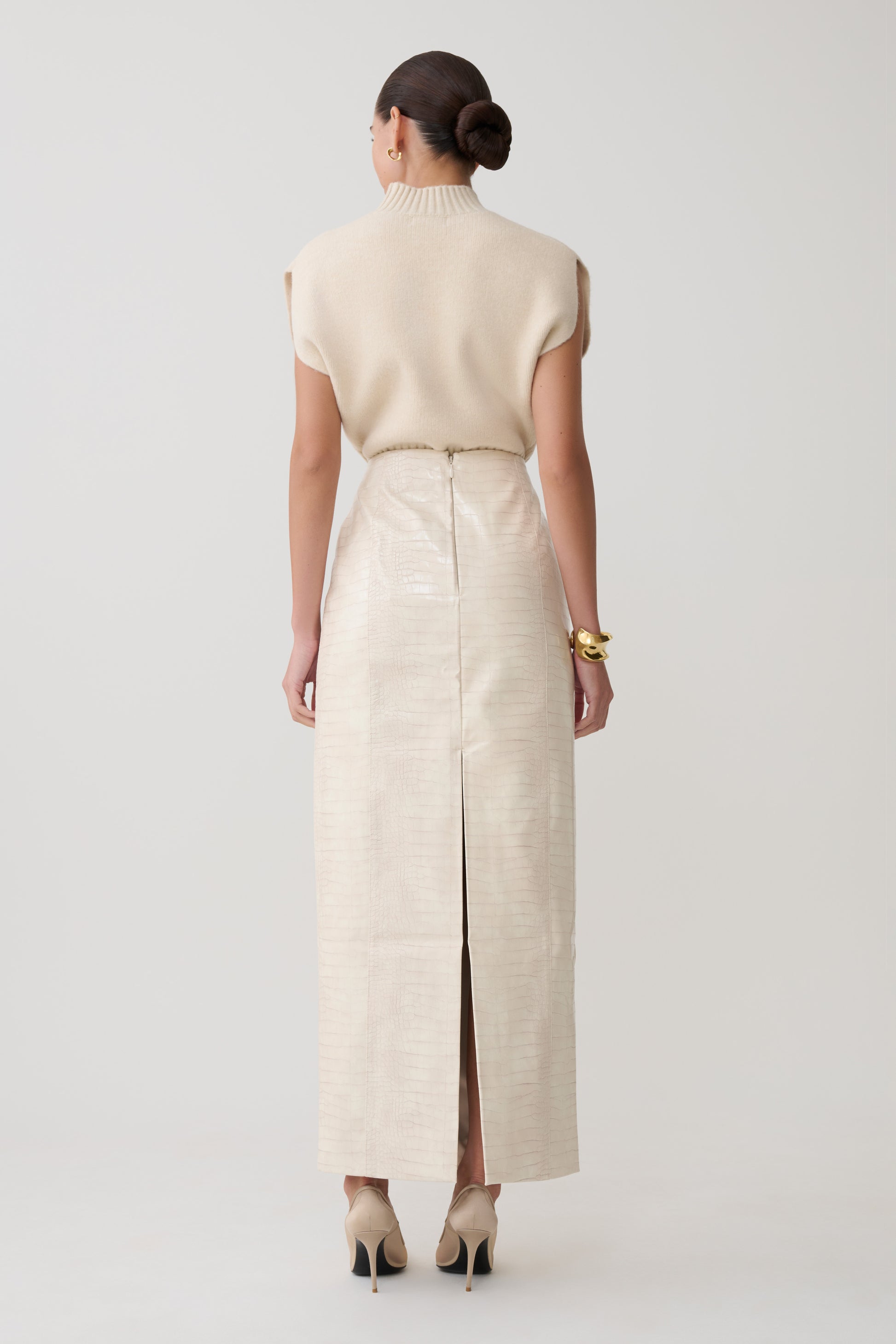Thalia Croc Faux Leather Midi Skirt - Ivory #2