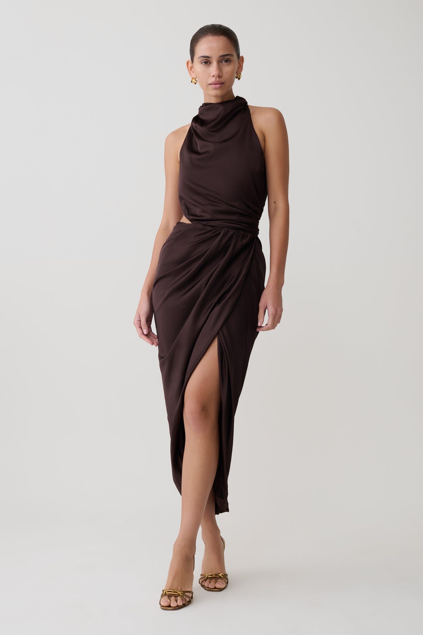 Aveline Draped Halter Midi Dress - Dark Chocolate