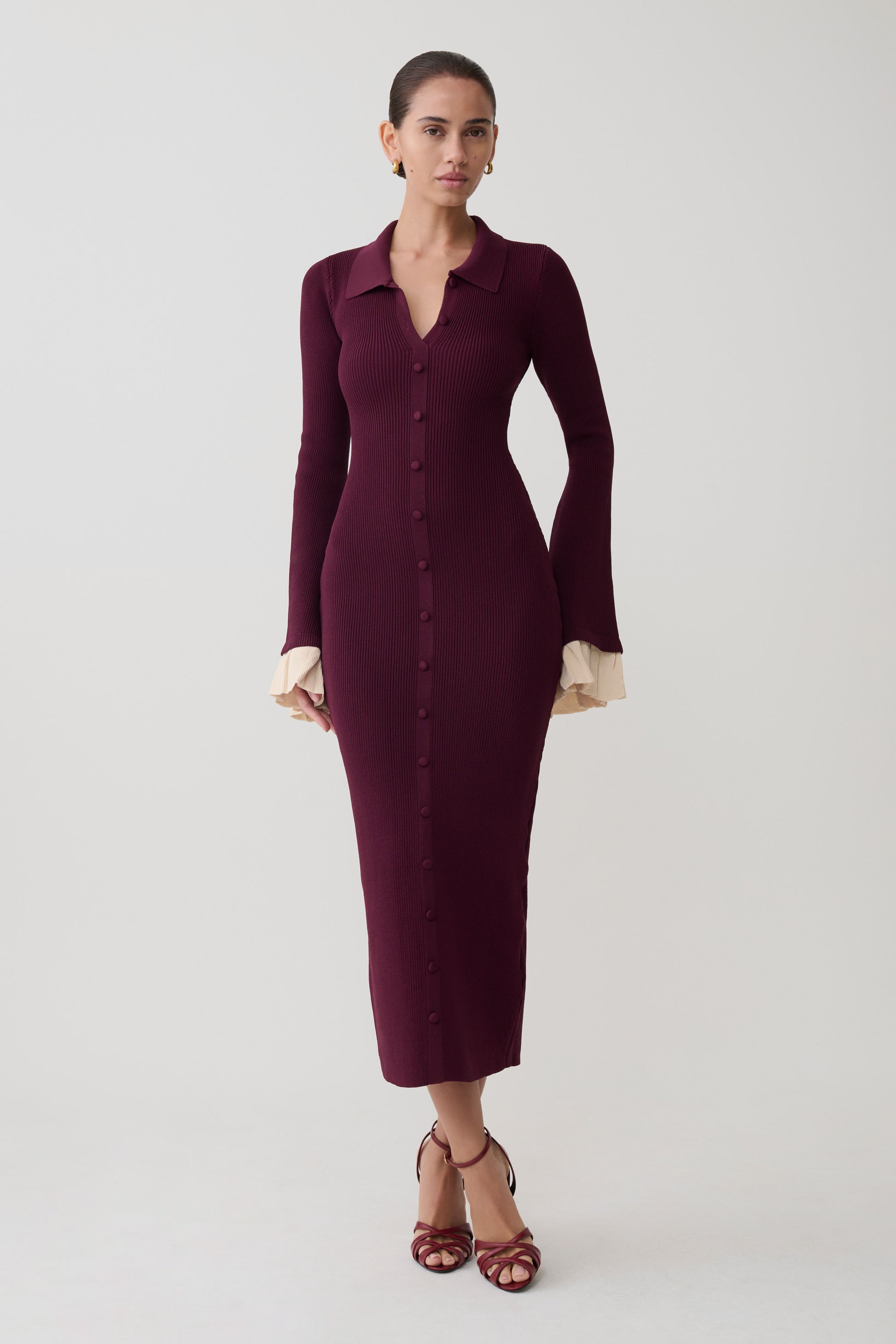 Amirose Ruffle Knit Midi Dress - Plum #4