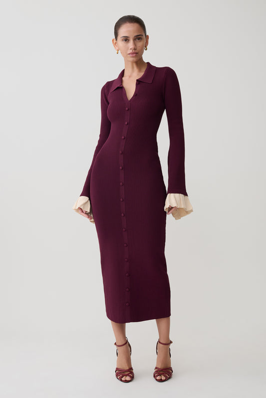 Amirose Ruffle Knit Midi Dress - Plum