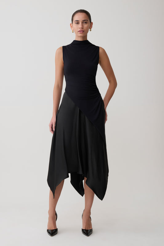 Coralie Asymmetric Satin Midi Skirt - Black