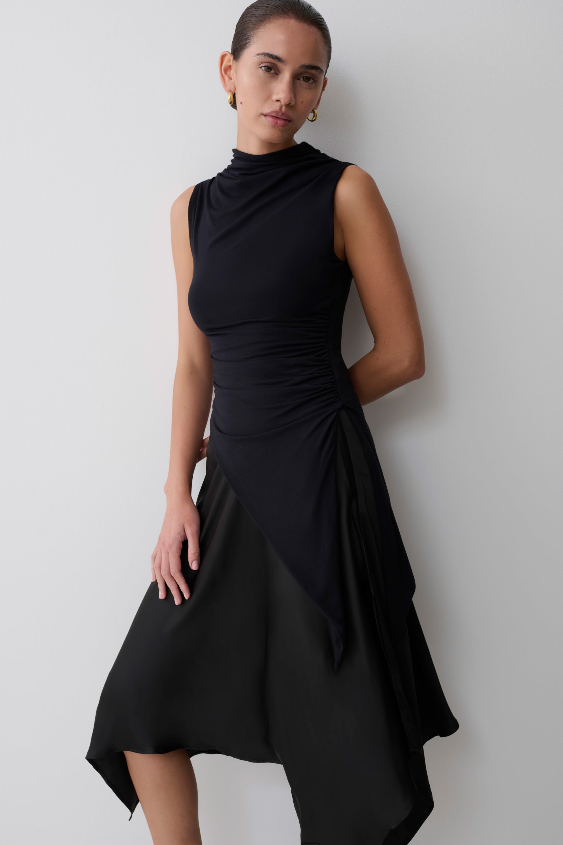 Coralie Asymmetric Satin Midi Skirt - Black #13