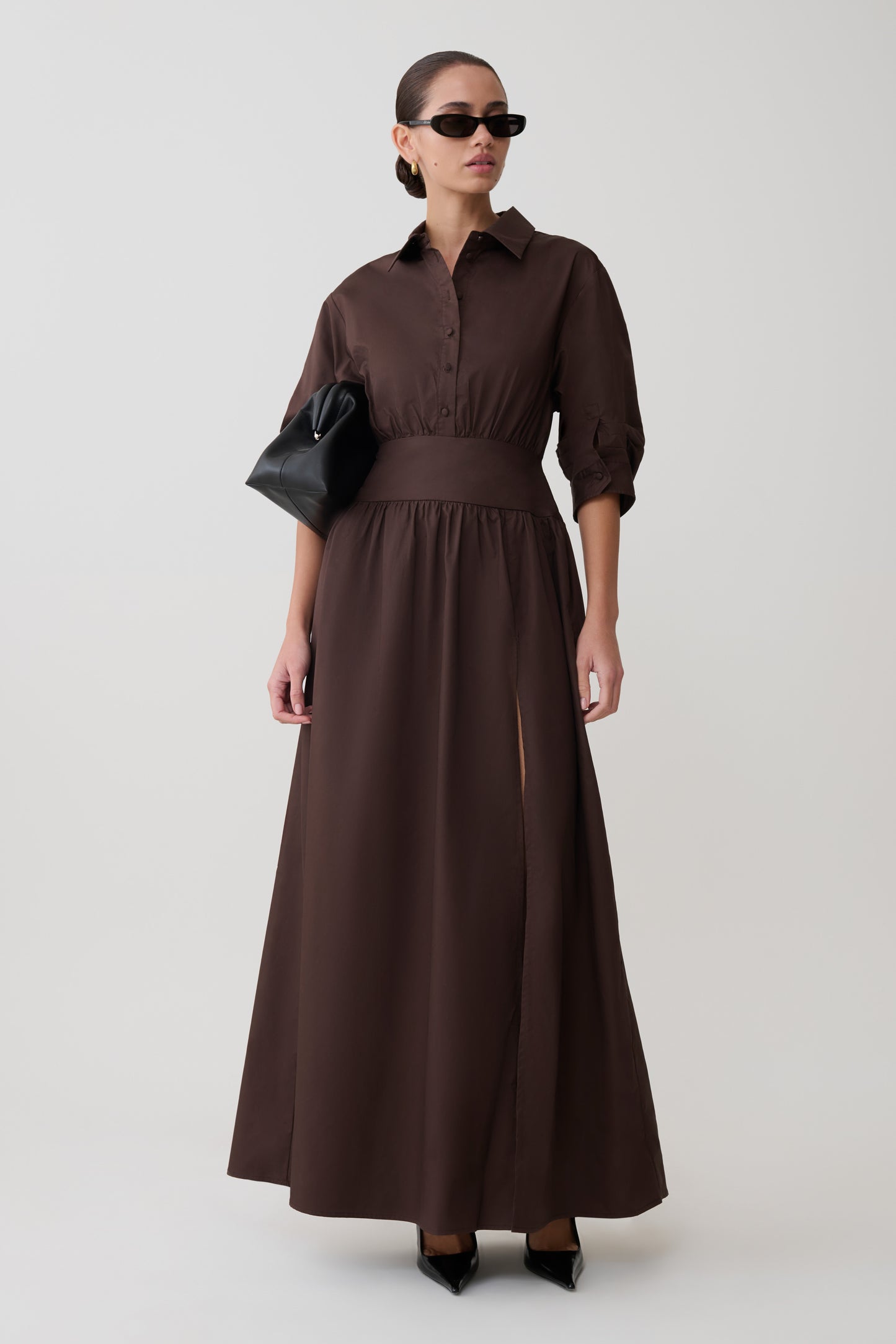 Isolde Long Sleeve Cotton Maxi Dress - Dark Chocolate