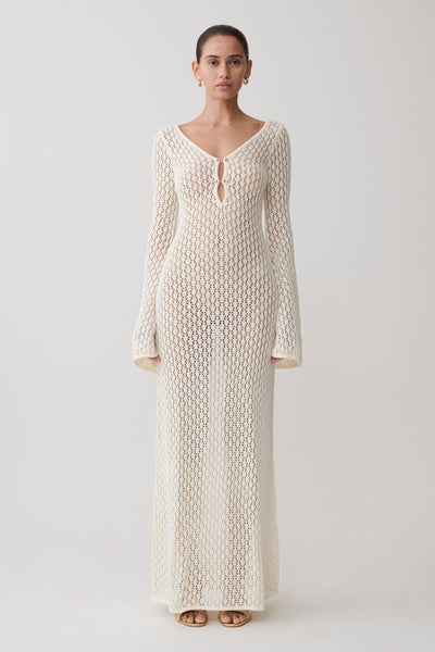 Kayleigh Crochet Fishtail Flare Sleeve Maxi Dress - White | MESHKI Kayleigh Crochet Fishtail Flare Sleeve Maxi Dress - White | MESHKI
