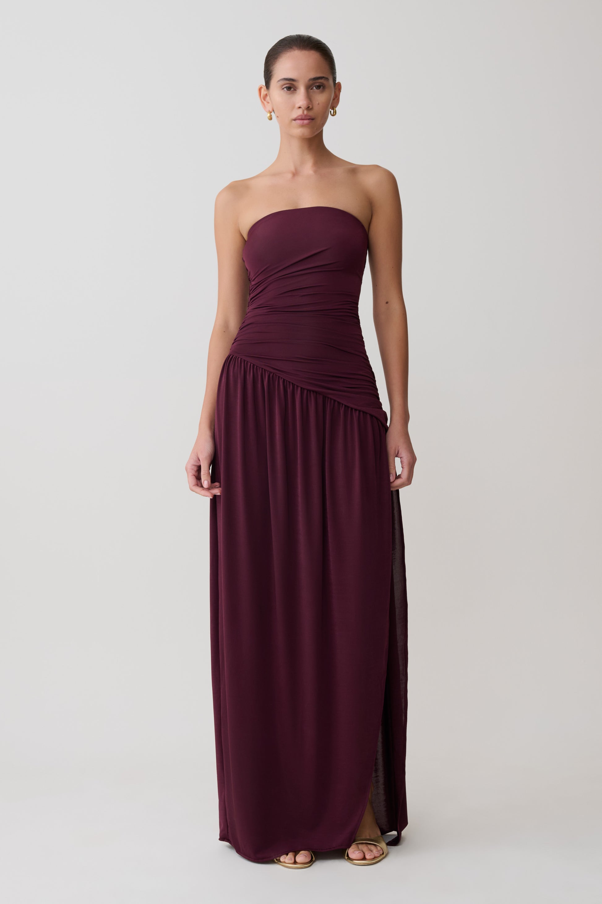 Bex Strapless Slinky Maxi Dress With Split - Burgundy #4