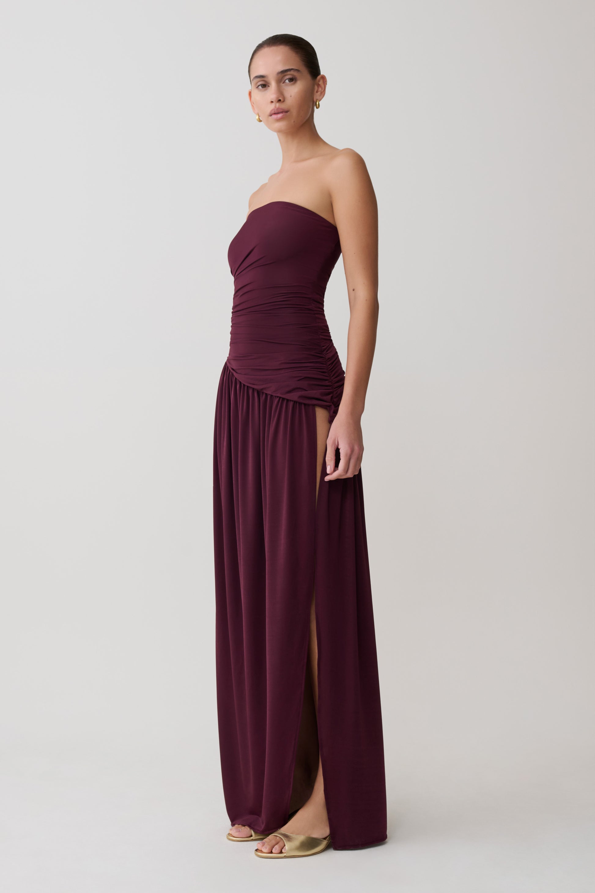 Bex Strapless Slinky Maxi Dress With Split - Burgundy #3