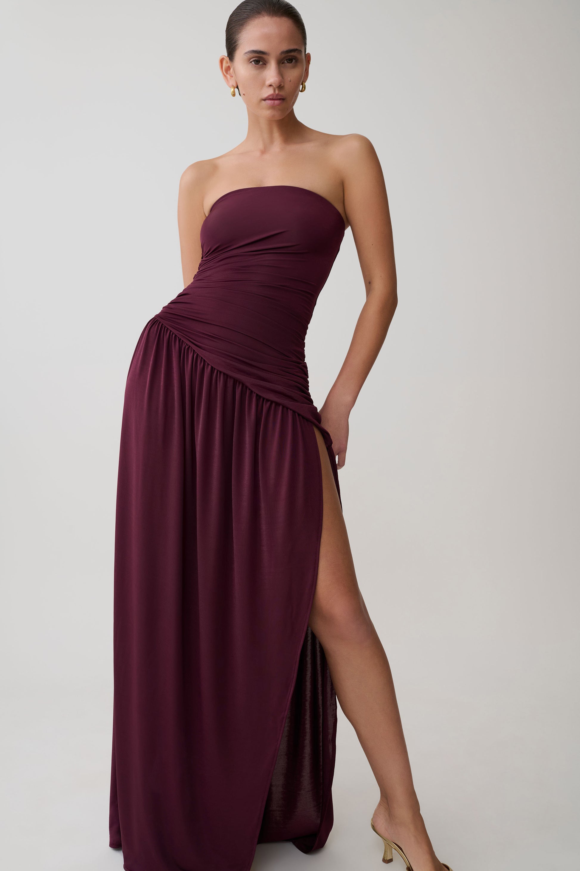 Bex Strapless Slinky Maxi Dress With Split - Burgundy #5