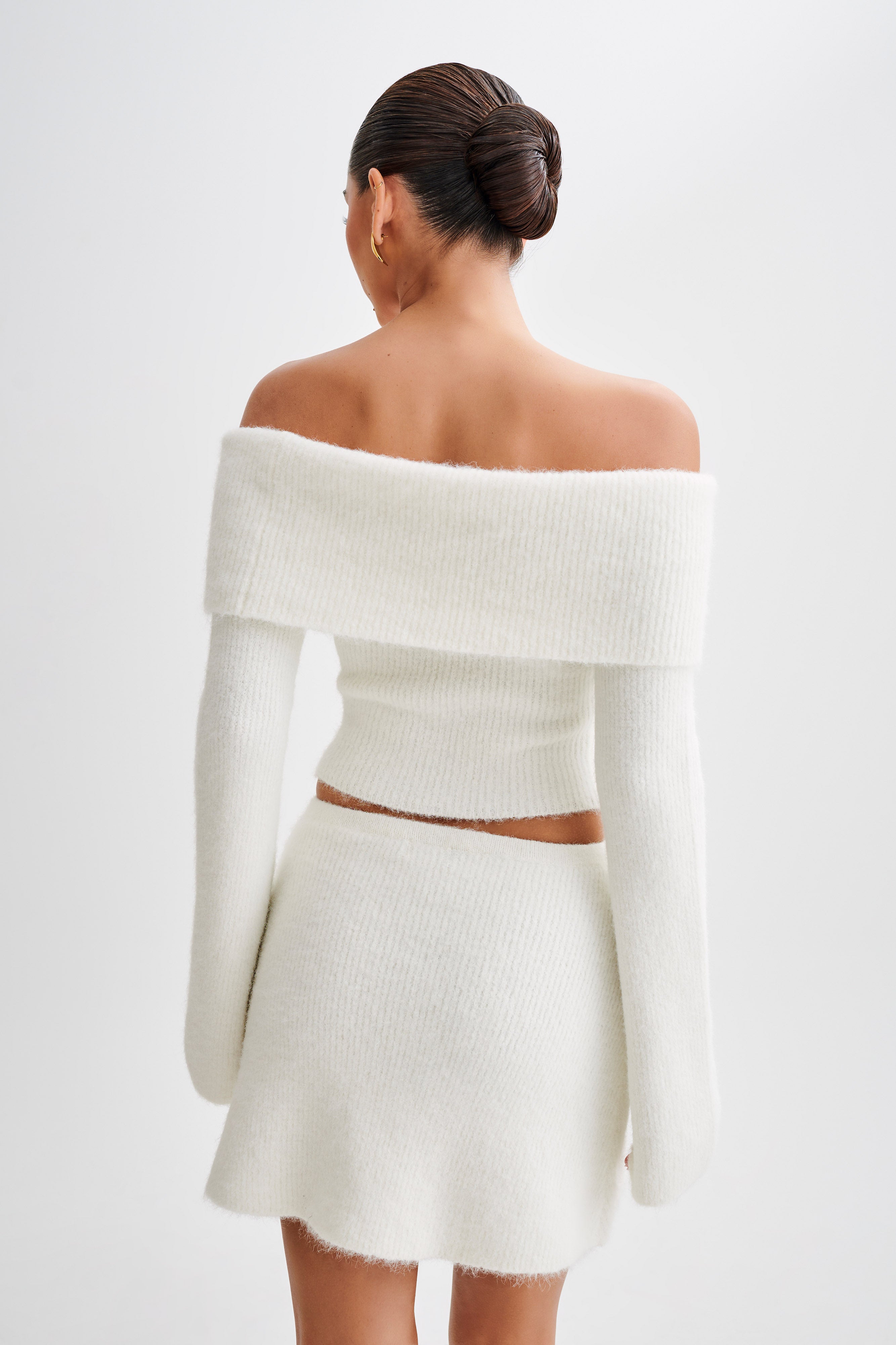 Baxter Off Shoulder Fluffy Knit Top - Ivory | MESHKI