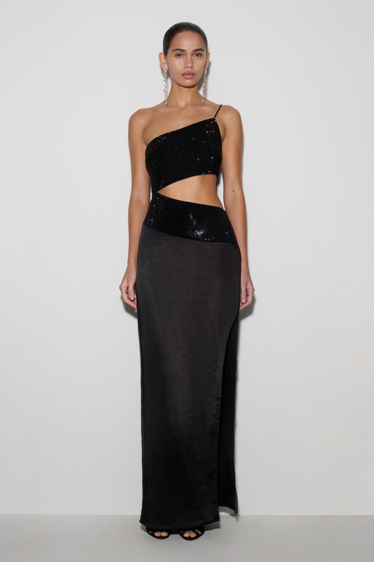 Athena One Shoulder Diamante Maxi Dress - Black