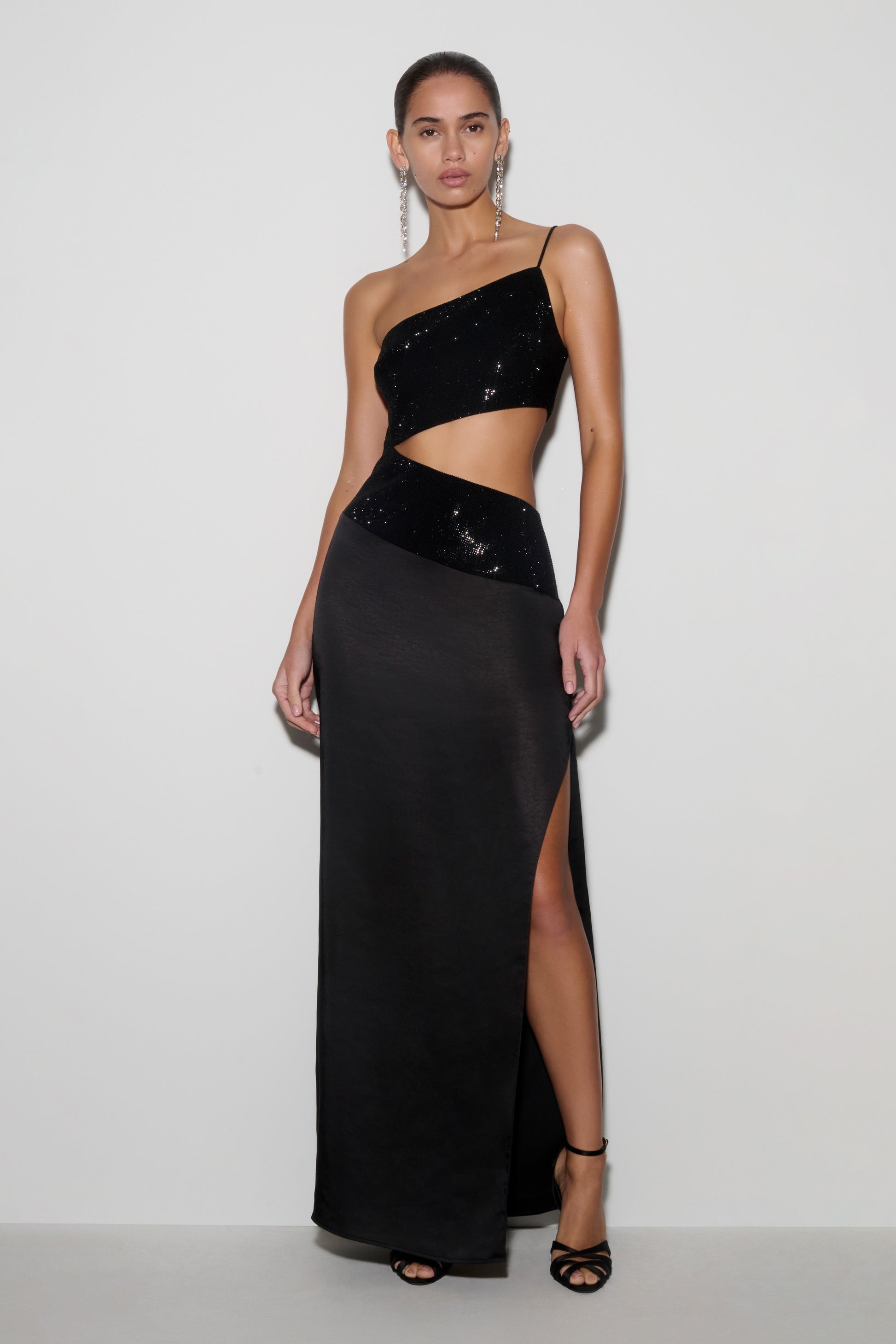 Athena One Shoulder Diamante Maxi Dress - Black #11