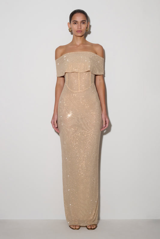 Phi Multi-Wear Cowl Diamante Maxi Dress - Gold