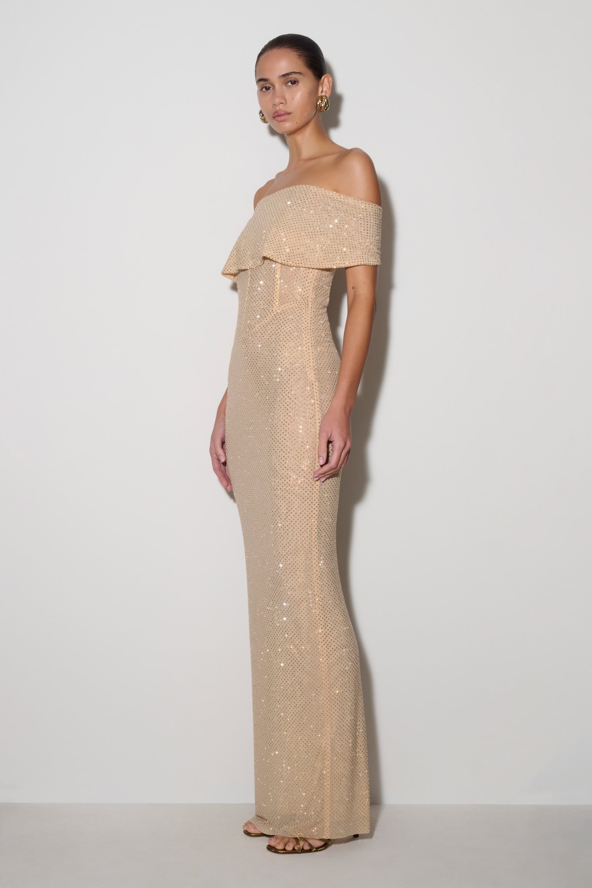 Phi Multi-Wear Cowl Diamante Maxi Dress - Gold | MESHKI Phi Multi-Wear Cowl Diamante Maxi Dress - Gold | MESHKI