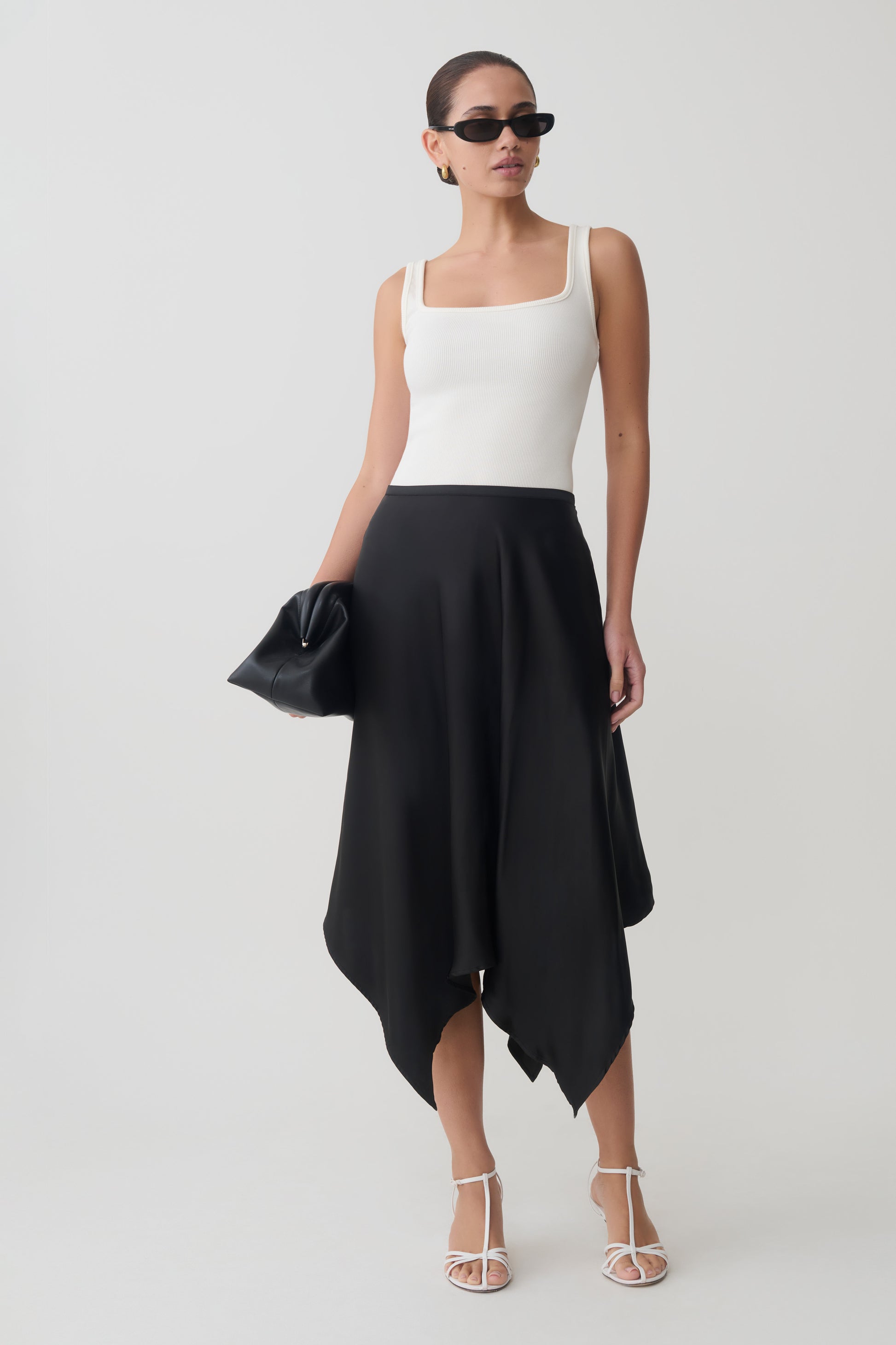 Coralie Asymmetric Satin Midi Skirt - Black #7