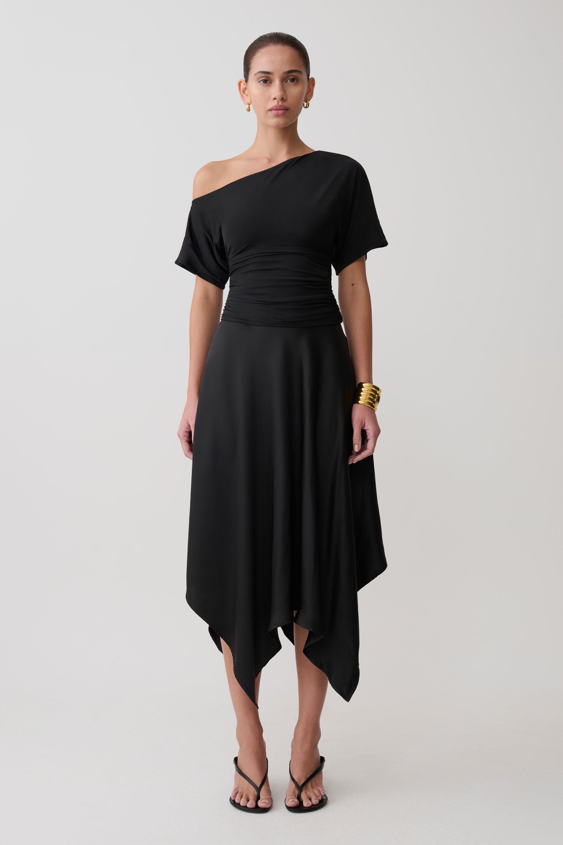 Coralie Asymmetric Satin Midi Skirt - Black #6
