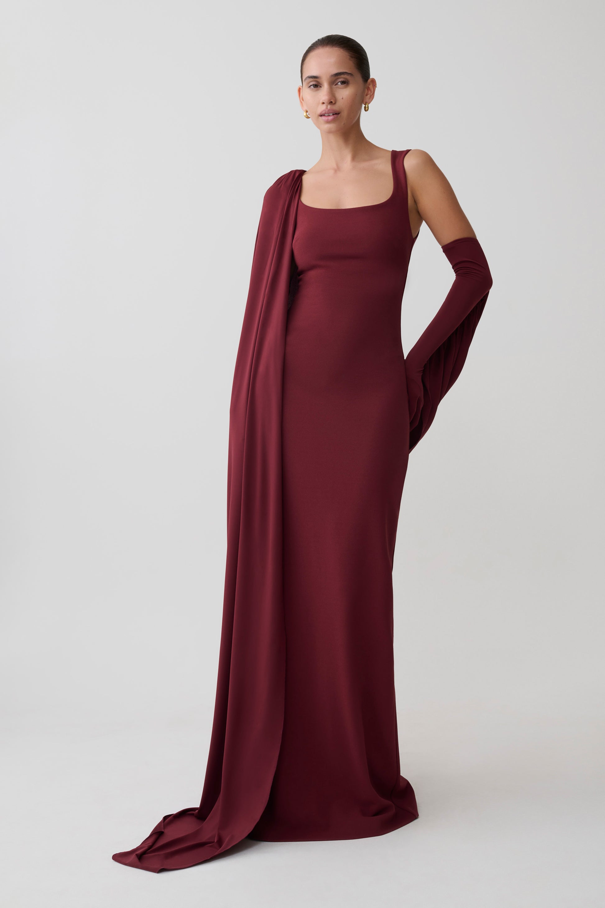 Rhea Detachable Cape Jersey Maxi Dress - Wine #4