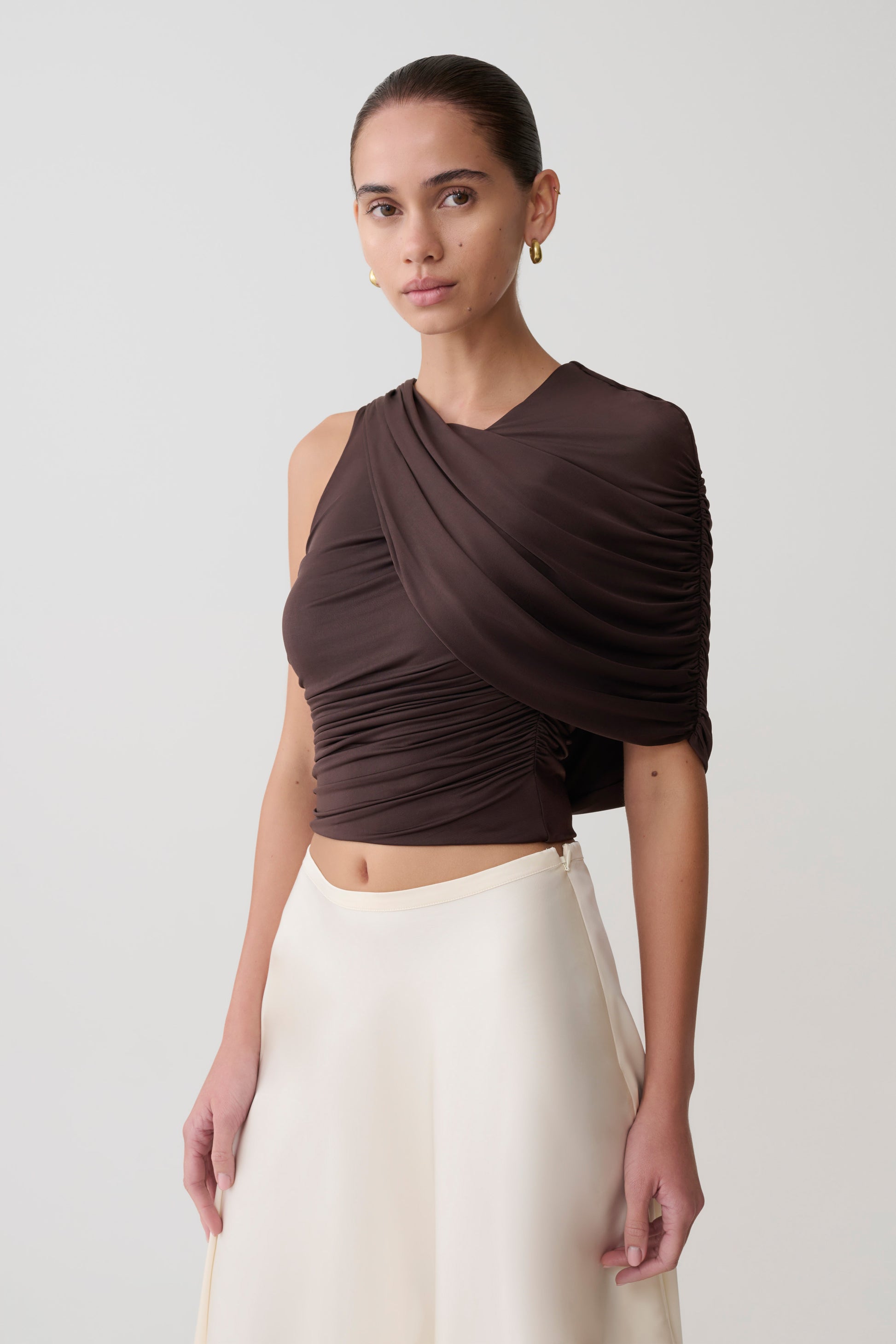 Adrienne One Shoulder Slinky Top - Chocolate #2