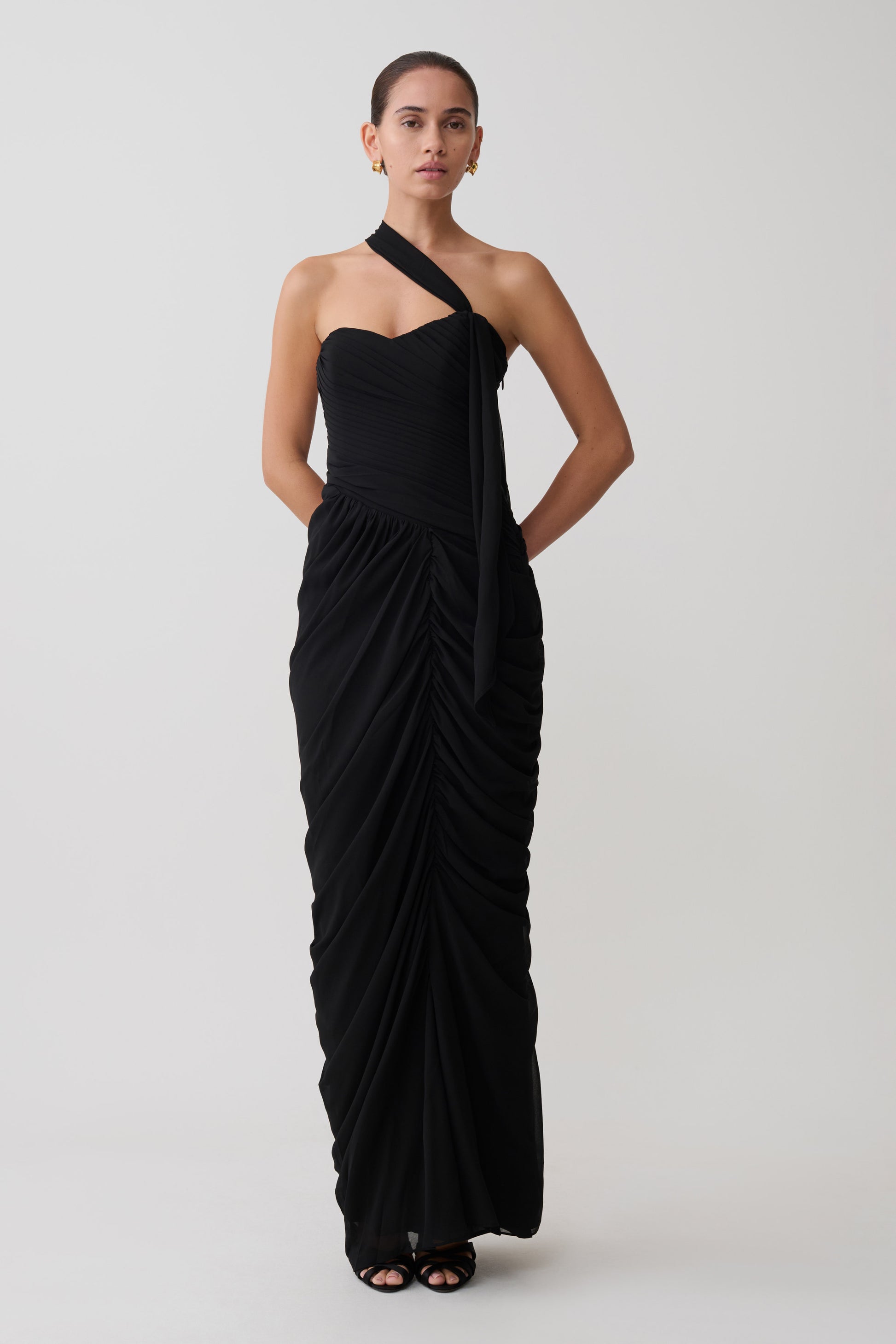 Micaela Chiffon Gathered Maxi Dress - Black #3