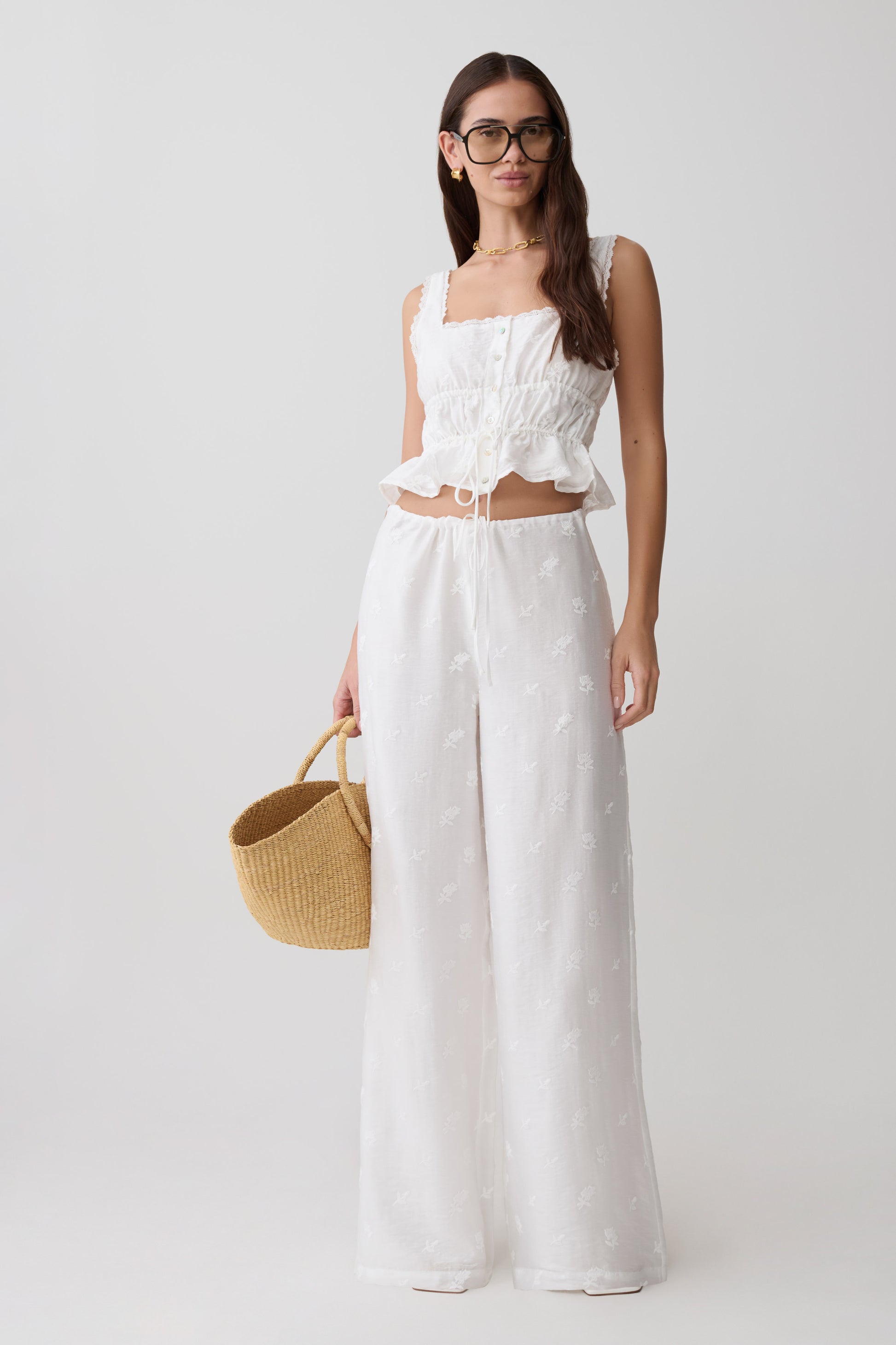 Vivian Tie Waist Embroidered Pant - White #5