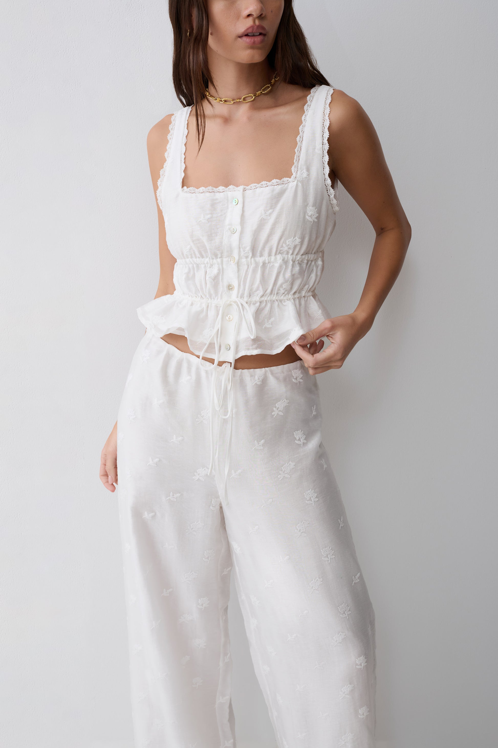 Vivian Tie Waist Embroidered Pant - White #3