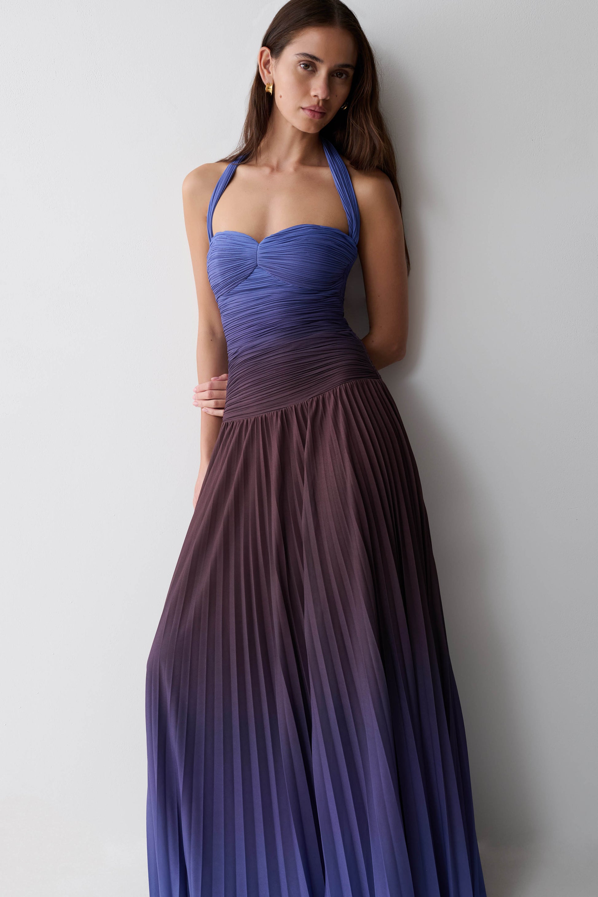 Azizi Pleated Halter Midi Dress - Chocolate & Blue Ombre Print | MESHKI