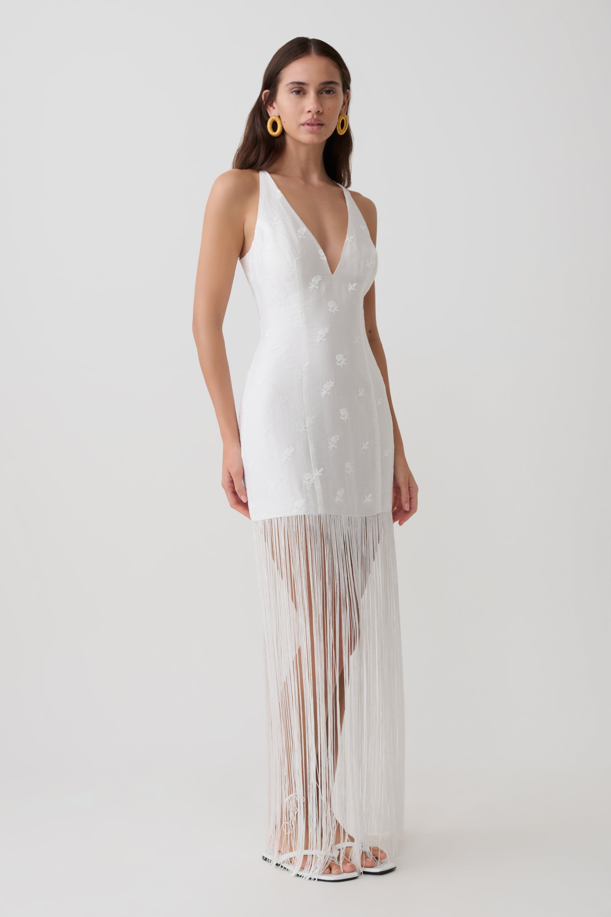 Abigail V Neck Fringe Maxi Dress - White #4