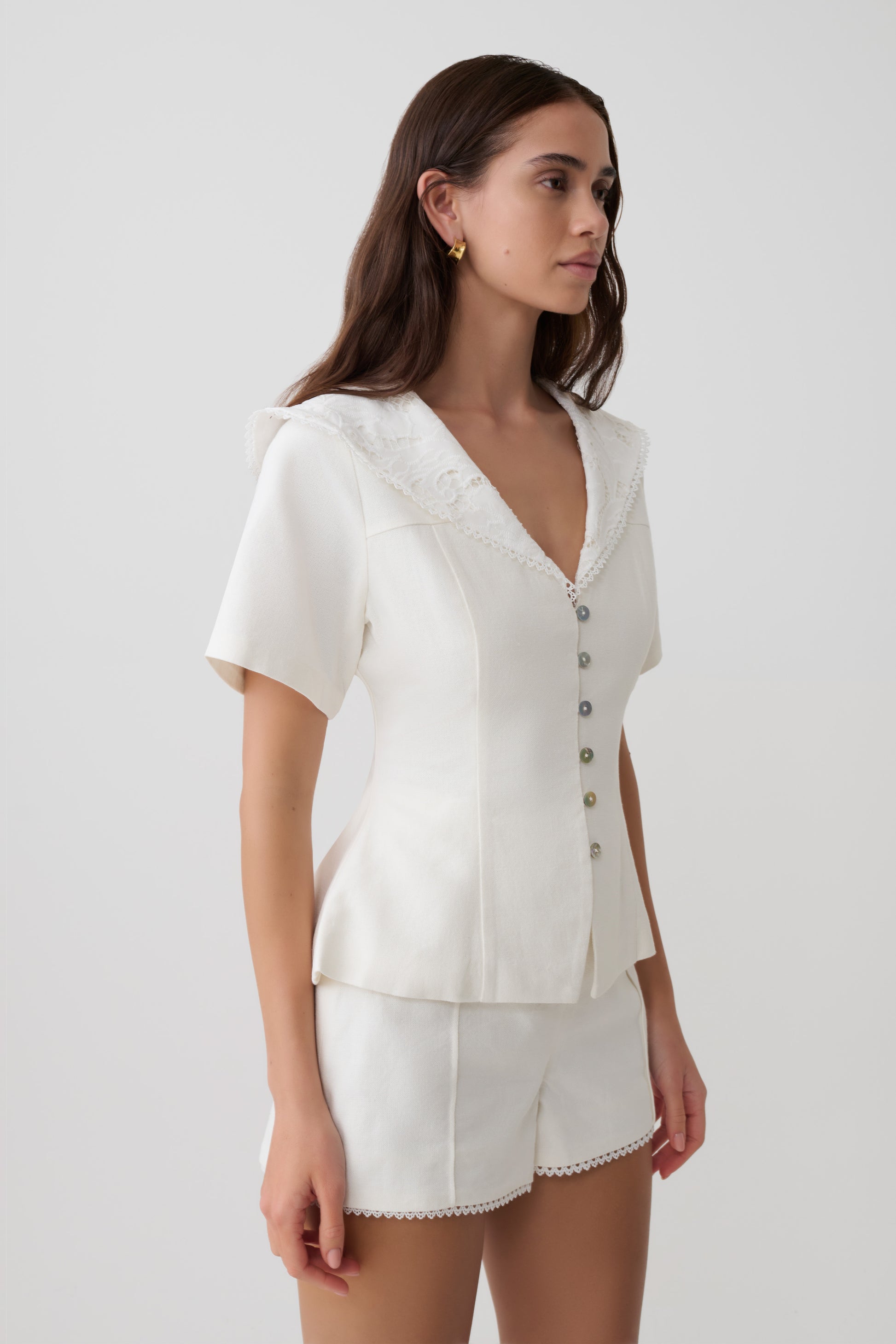 Melody Short Sleeve Shirt With Lace Collar - White #3