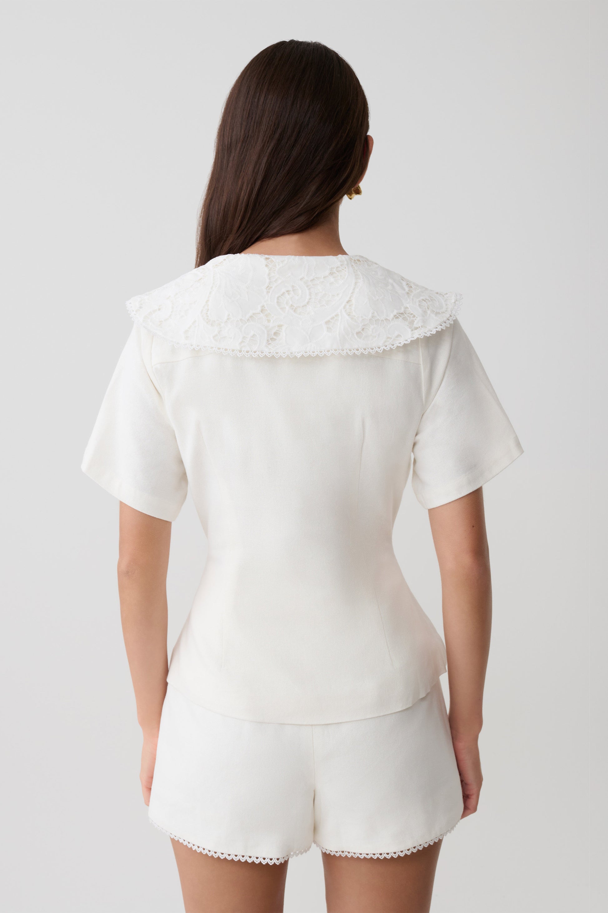 Melody Short Sleeve Shirt With Lace Collar - White #2