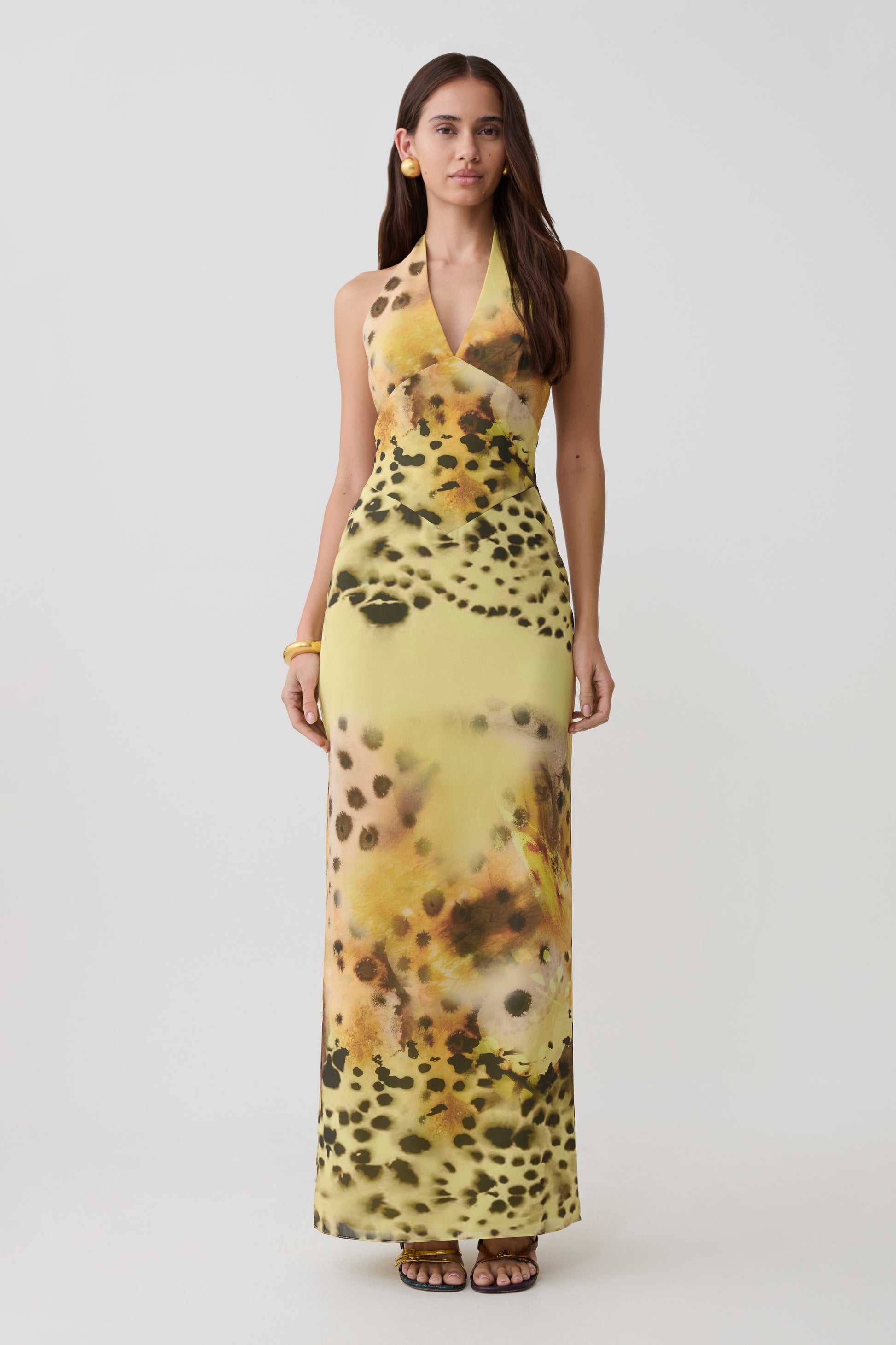 Valentina Chiffon Halter Maxi Dress - Yellow Floral Leopard Print #2