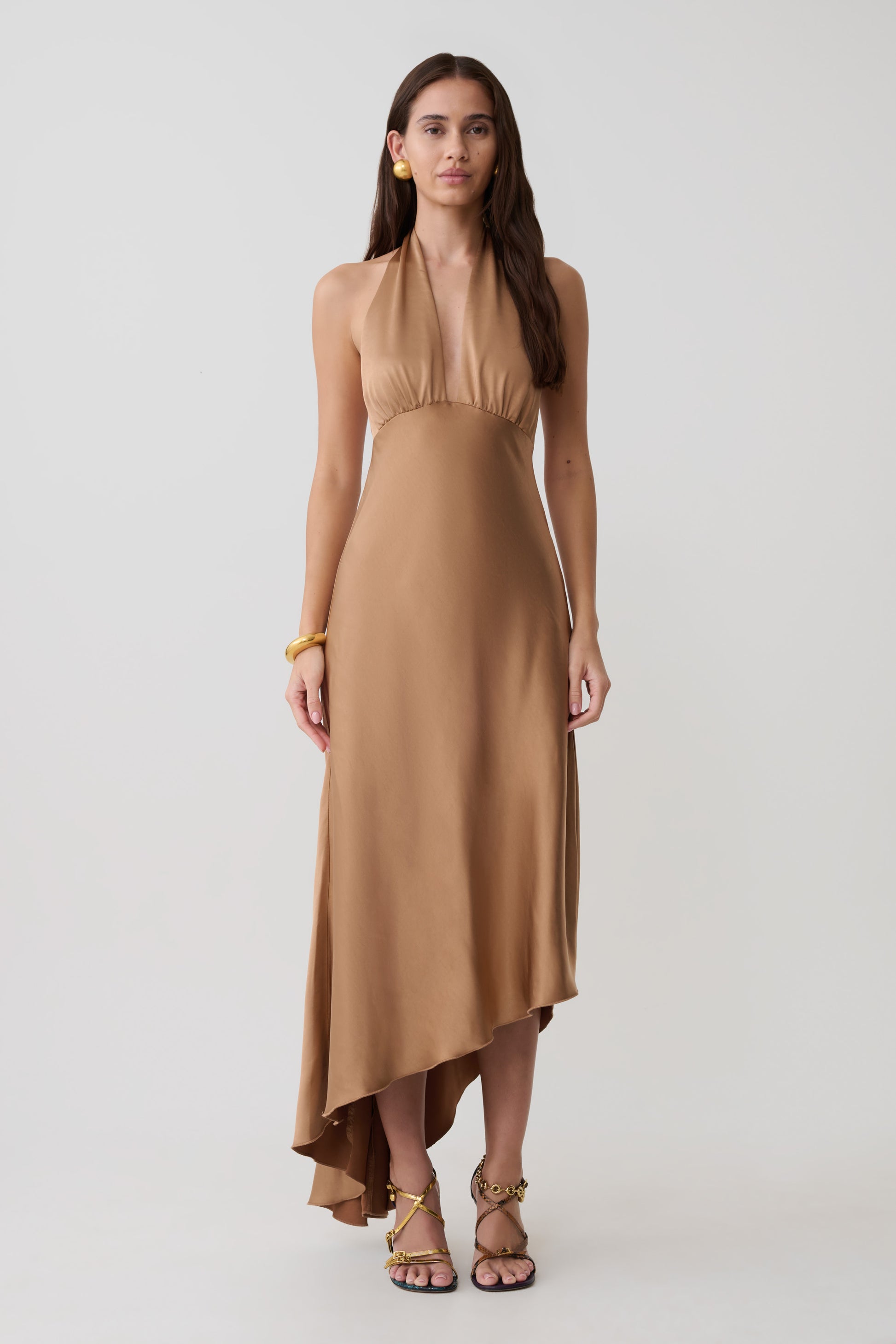 Adelie Asymmetric Hem Halter Midi Dress - Cognac #5